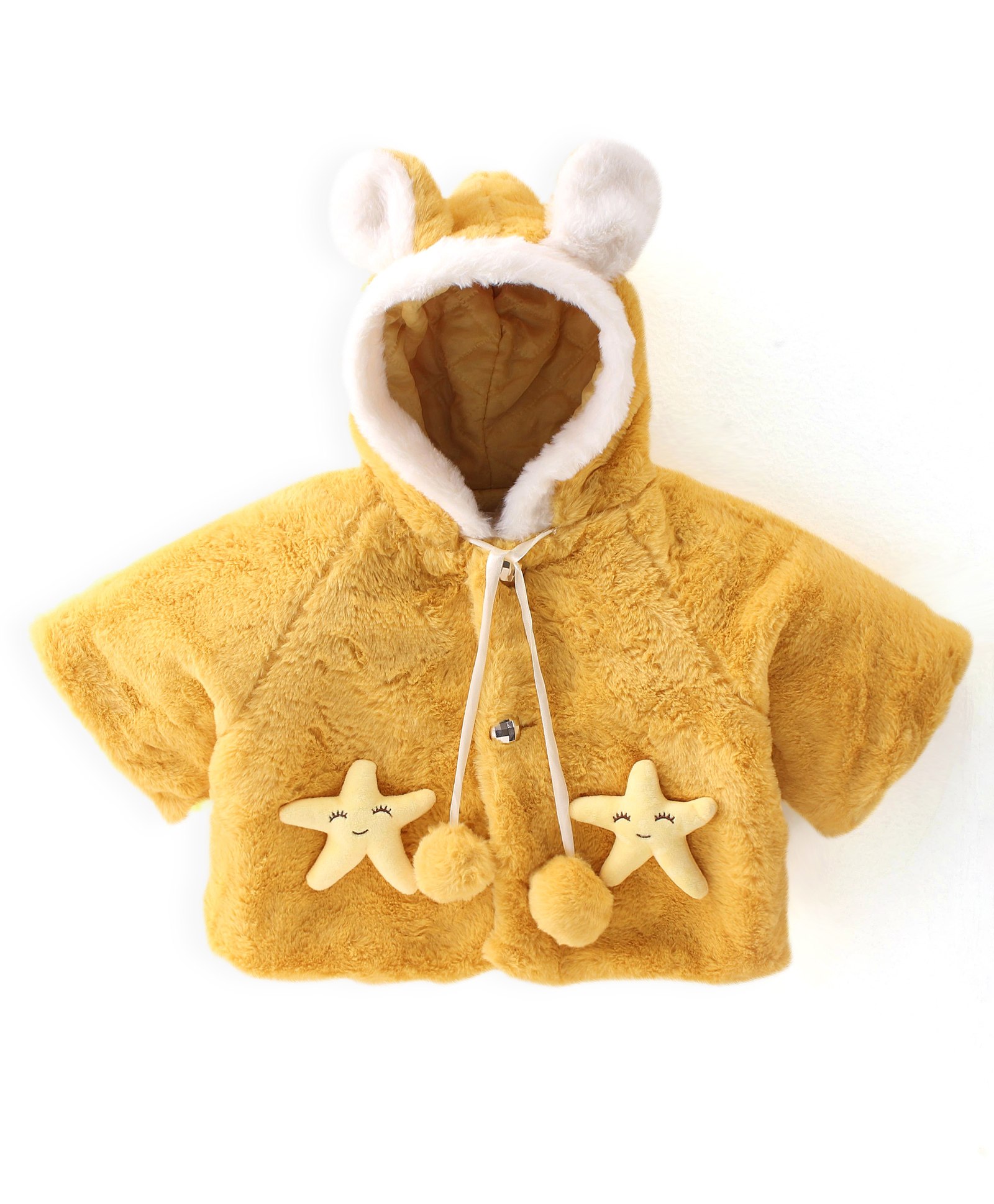 Babyhug Full Sleeves Fur Hooded Jacket with Bow & Star Applique - Mustard-image-1