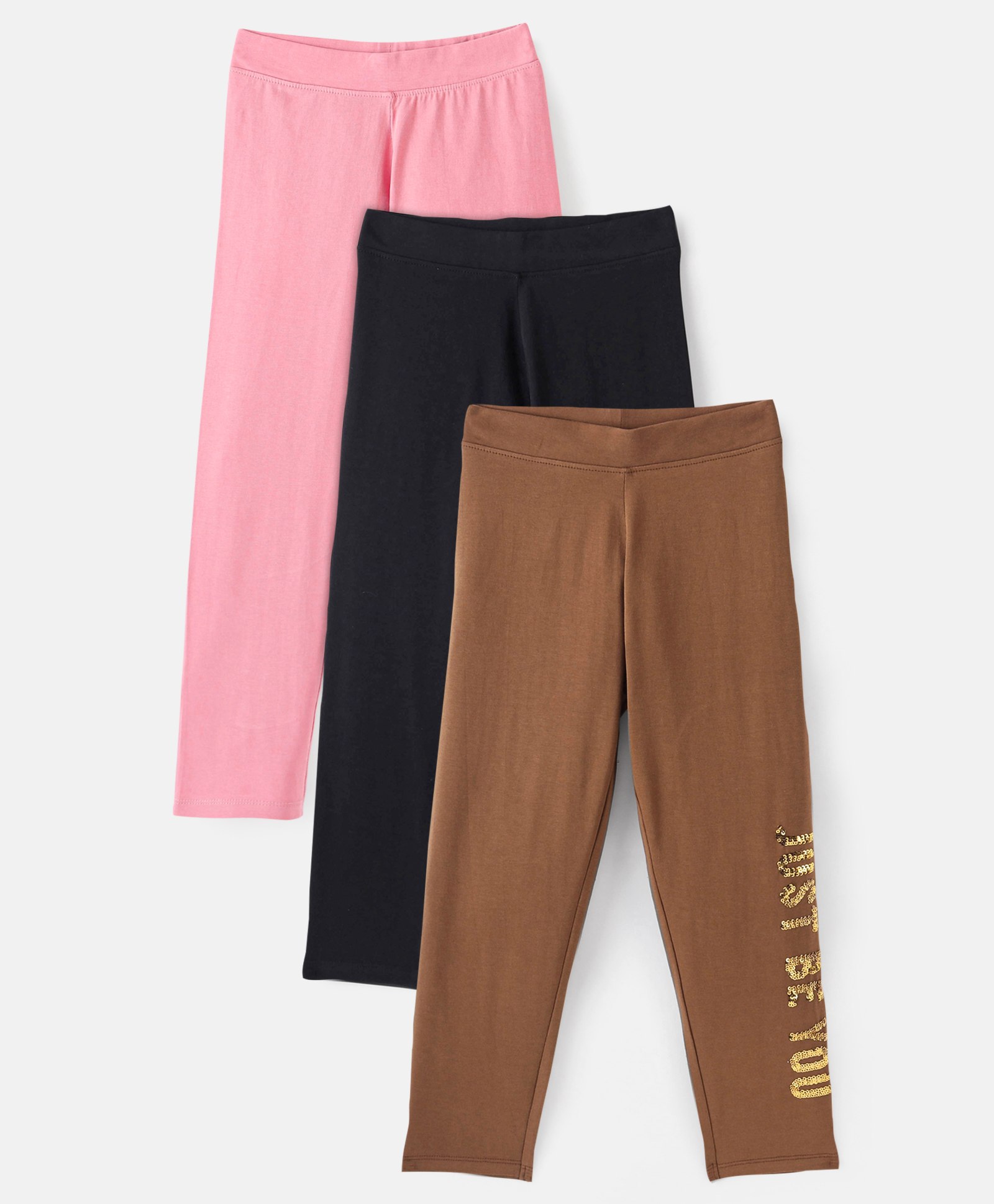 Primo Gino Cotton Blend Knit Full Length Leggings With Sequins Pack Of 3 - Pink Clack & Brown-image-46