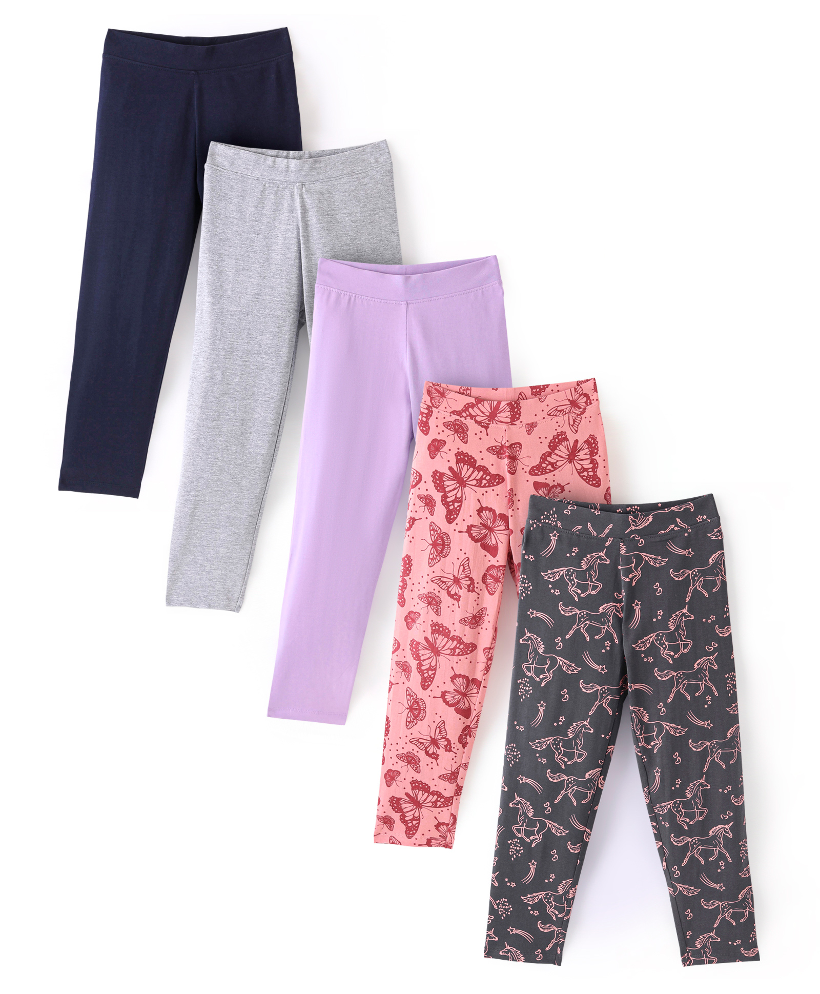 Primo Gino Cotton Blend Knit Full Length Butterfly & Unicorn Printed Leggings Pack of 5 - Multicolour-image-37