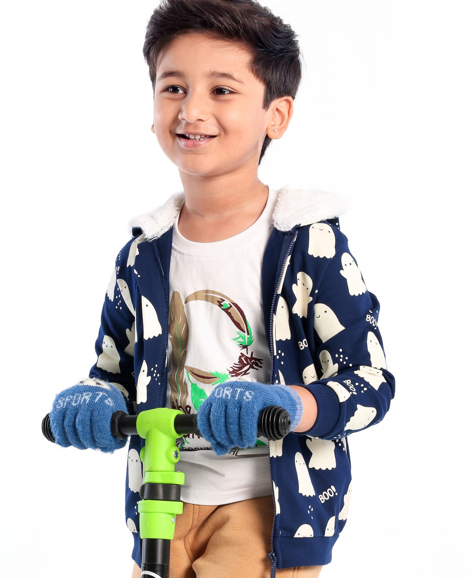 Babyhug Cotton Full Sleeves Boo Print Sweat Jacket With Zipper & Hood - Navy Blue