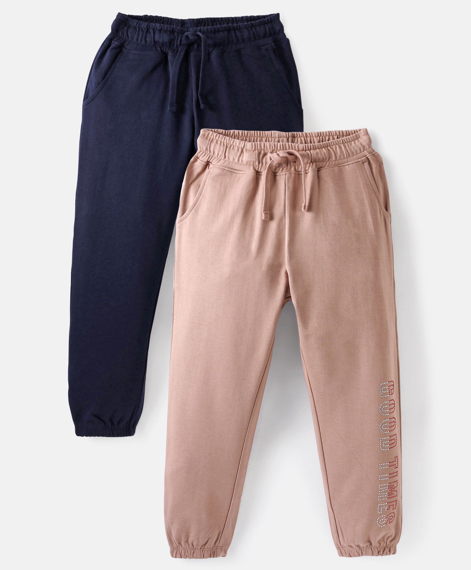 Primo Gino 100% Cotton Knit Full Length Solid Joggers Pack Of 2- Navy Blue & Light Brown-picture-15