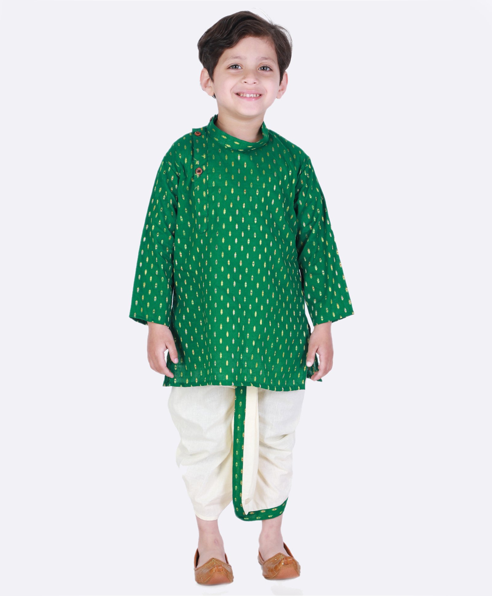 Superminis Full Sleeves Self Design Kurta & Dhoti Set - Green & White-picture-13