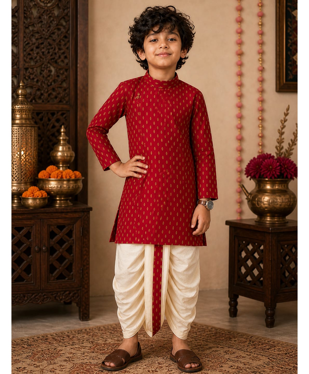 Superminis Full Sleeves Self Design Kurta & Dhoti Set - Maroon & White-image-20