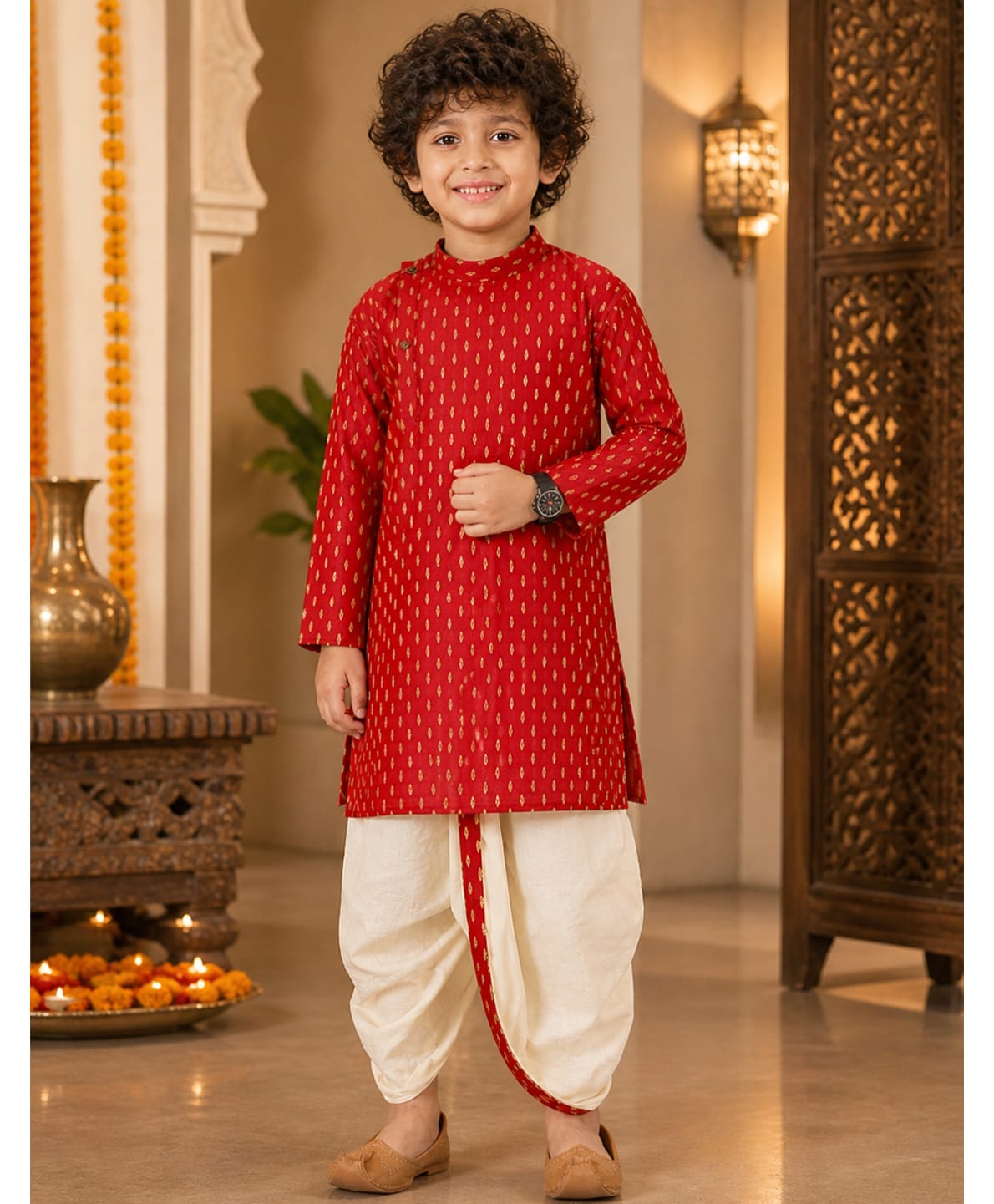 Superminis Full Sleeves Self Design Kurta & Dhoti Set - Red & White-picture-20