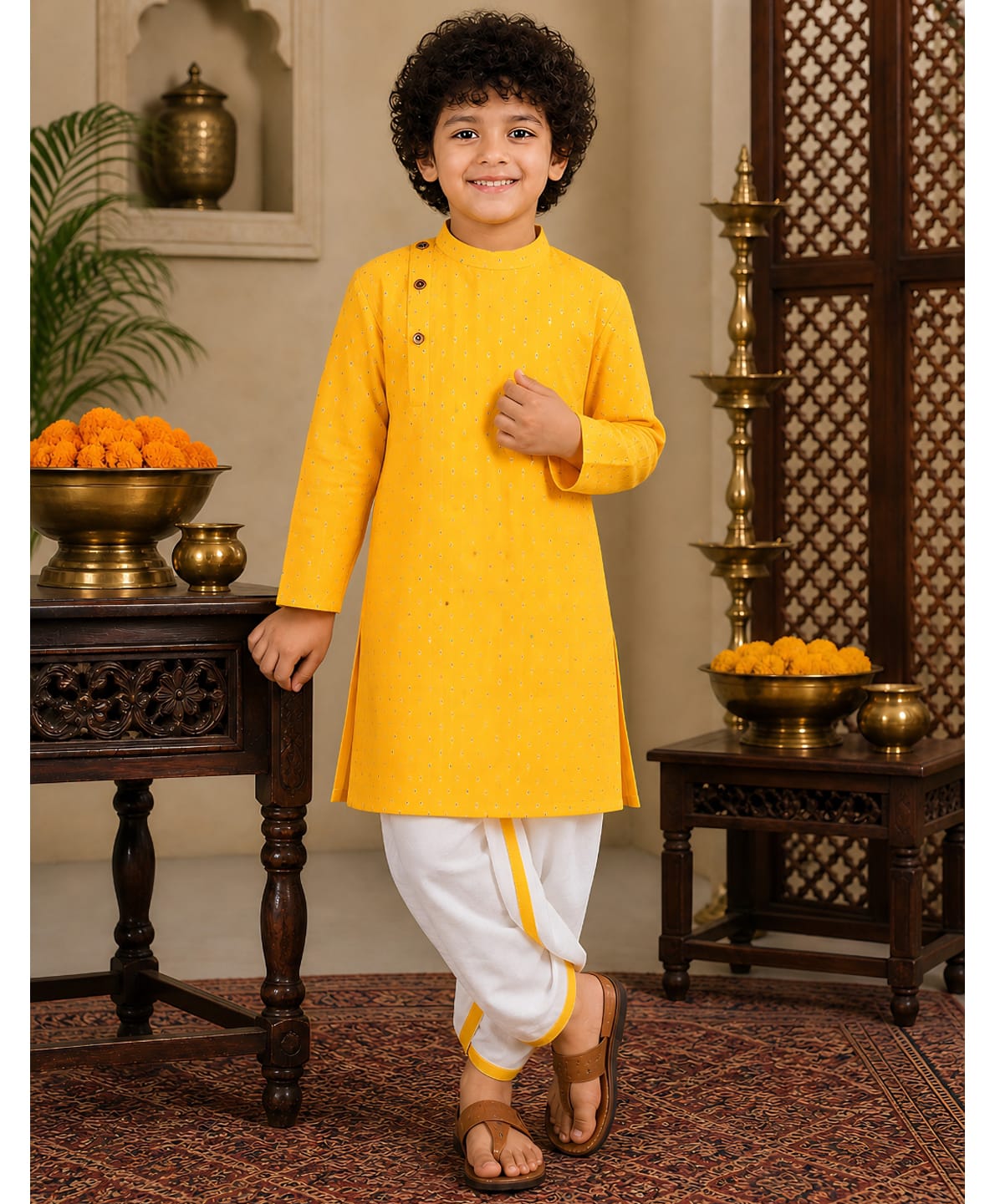 Superminis Full Sleeves Self Design Kurta & Dhoti Set - Yellow & White-picture-21