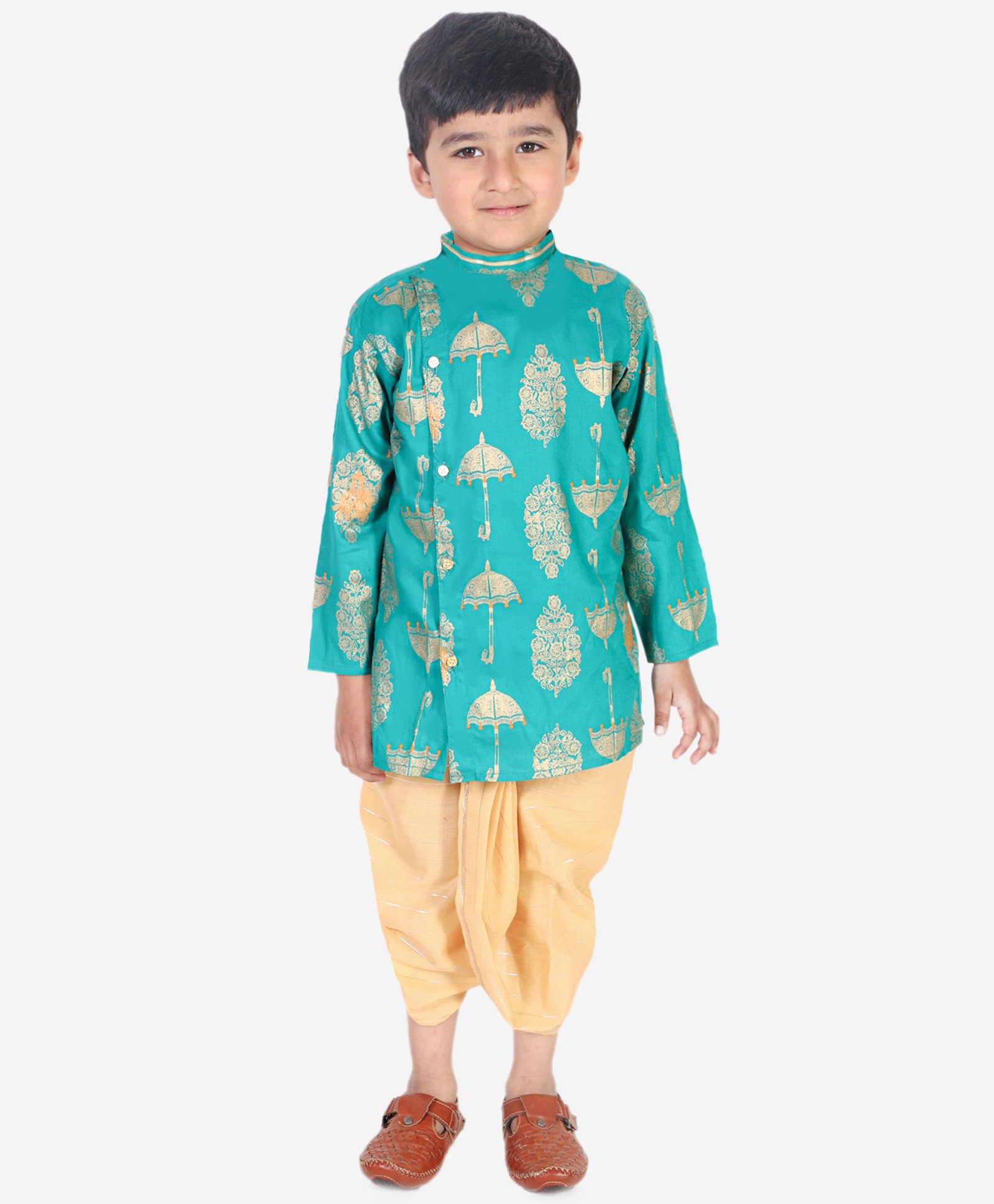 Superminis Full Sleeves Damask Motif Foil Printed Self Design Kurta & Dhoti Set - Green-picture-24