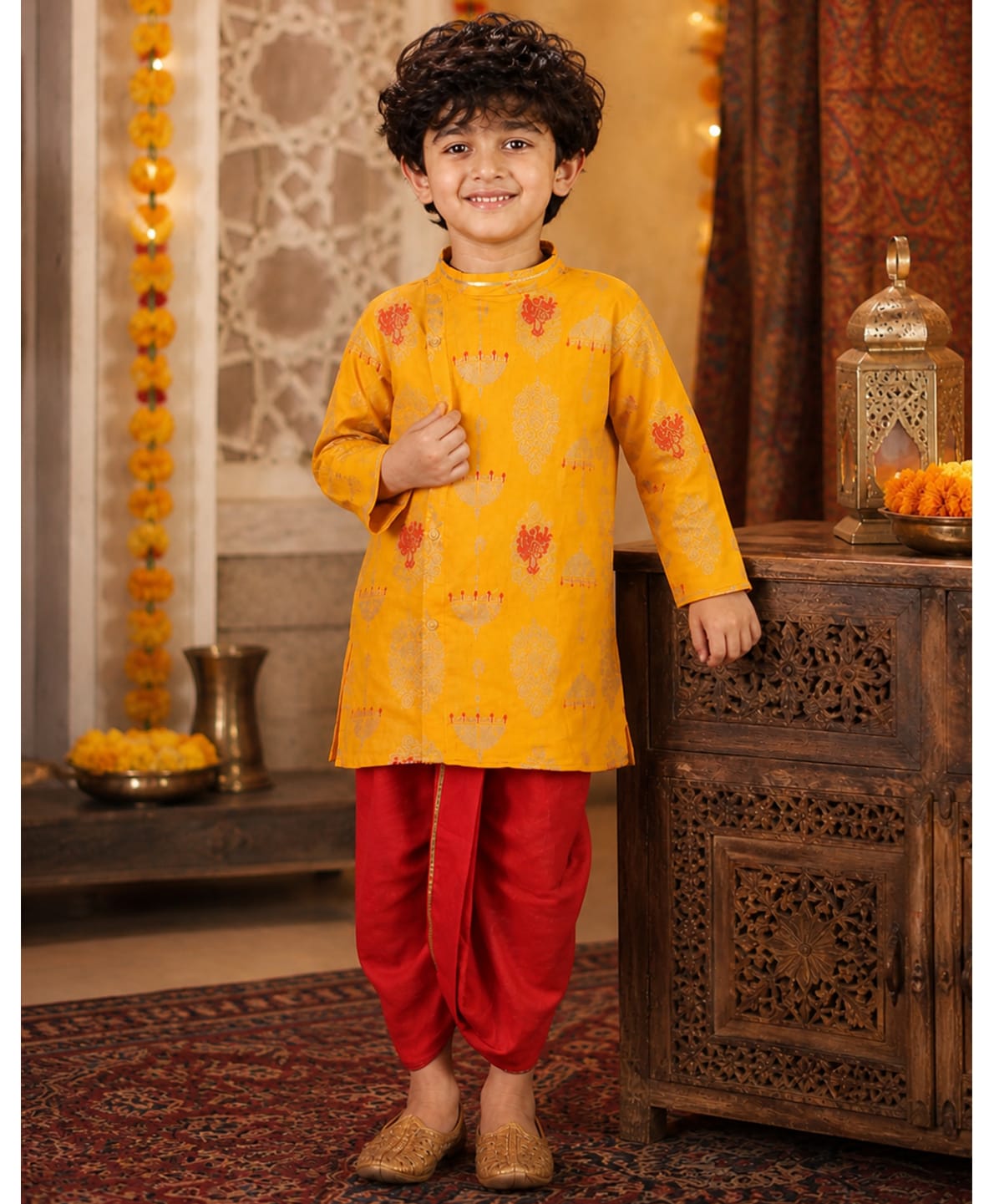 Superminis Full Sleeves Damask Motif Foil Printed Self Design Kurta & Dhoti Set - Yellow-picture-26