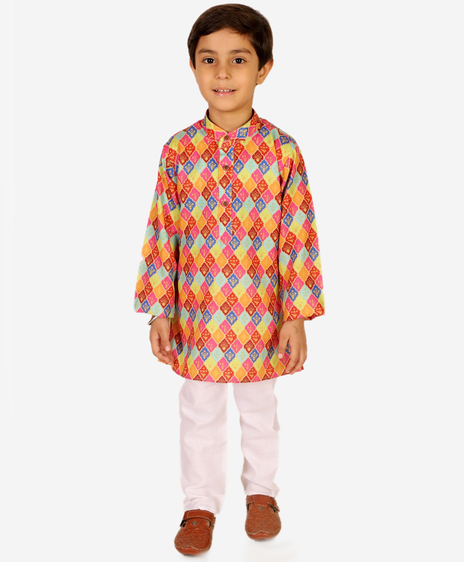 Superminis Pure Cotton Full Sleeves Seamless Argyle Style Ethnic Motif Printed Kurta With Pyjama - Multi Colour-picture-15