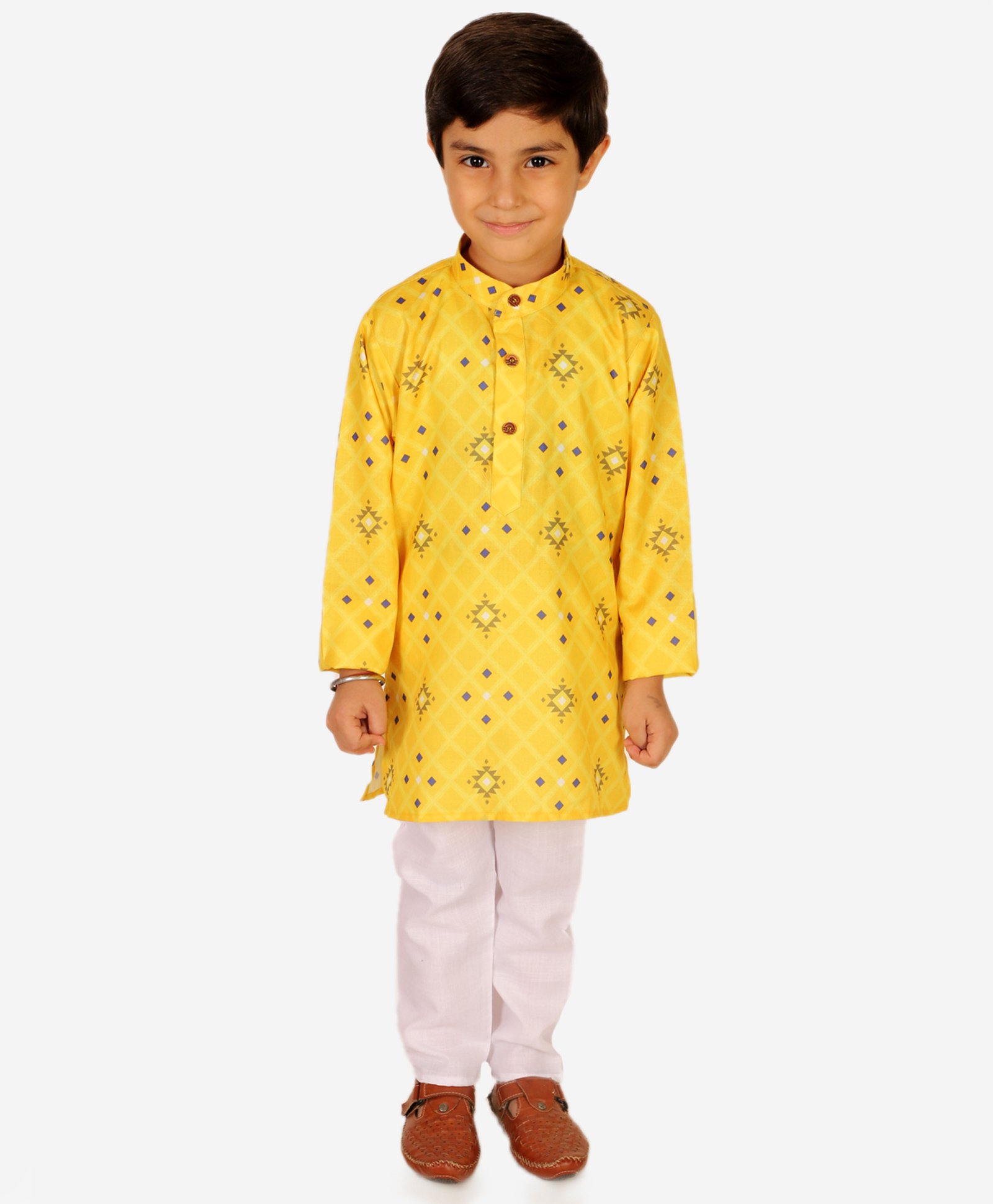 Superminis Pure Cotton Full Sleeves Seamless Geometric Design Printed Kurta With Pyjama - Yellow-picture-47