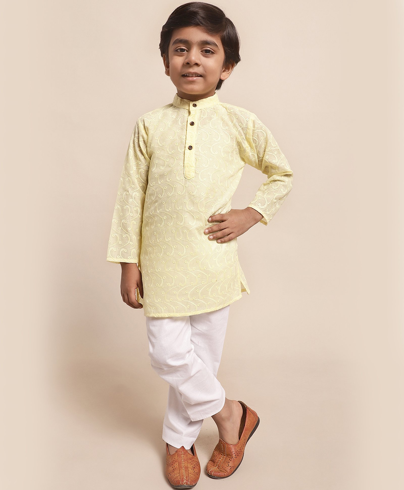 Superminis Full Sleeves Seamless Floral Swirl Chikankari Embroidered Kurta With Pyjama - Lemon Yellow-picture-18