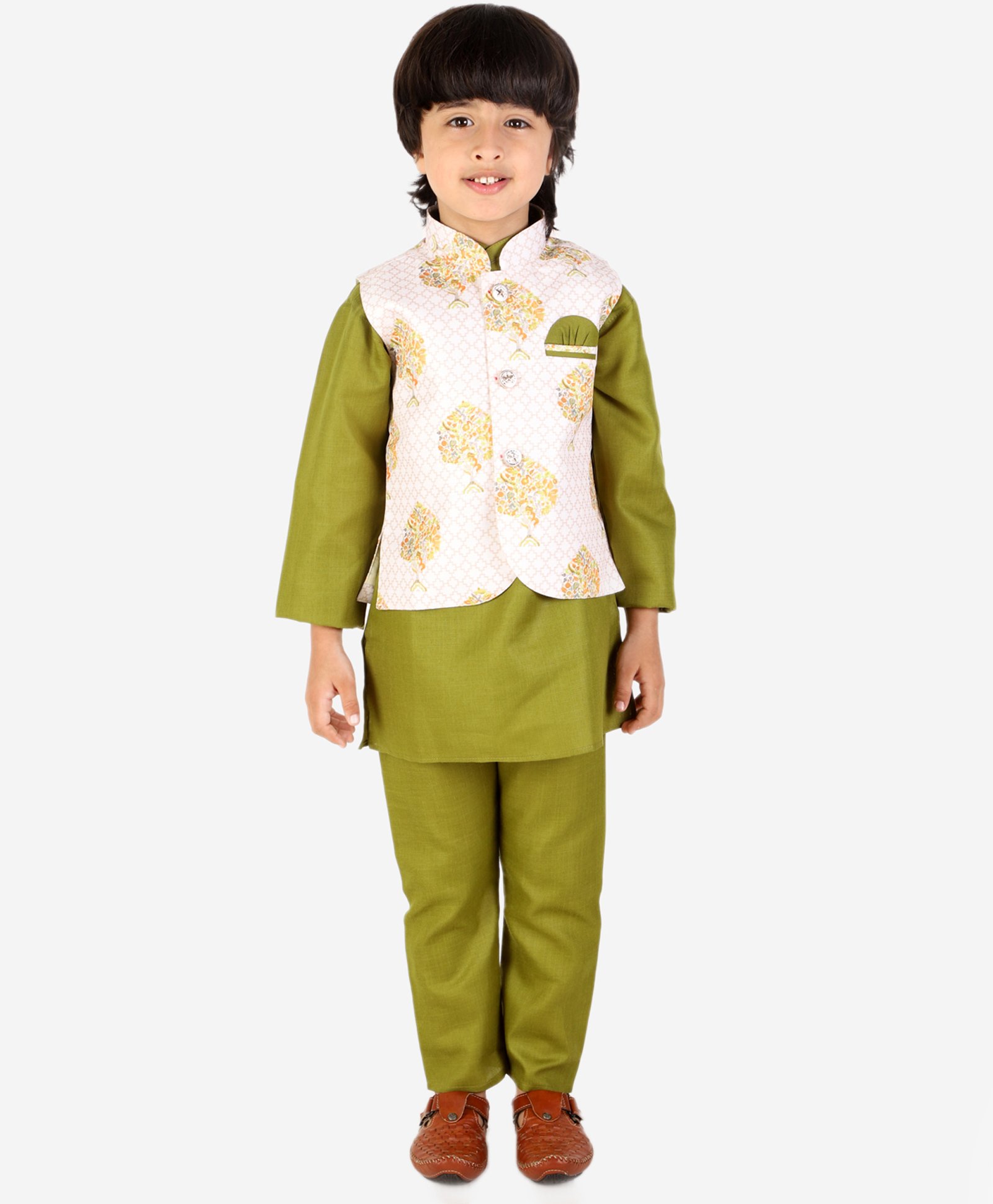 Superminis Full Sleeves Solid Kurta Pyjama With Damask Floral Printed Jacket -Green-picture-33