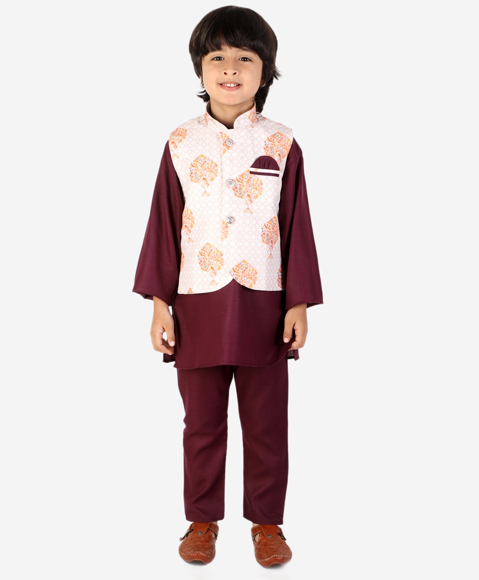 Superminis Full Sleeves Solid Kurta Pyjama With Damask Floral Printed Jacket -Purple-picture-33