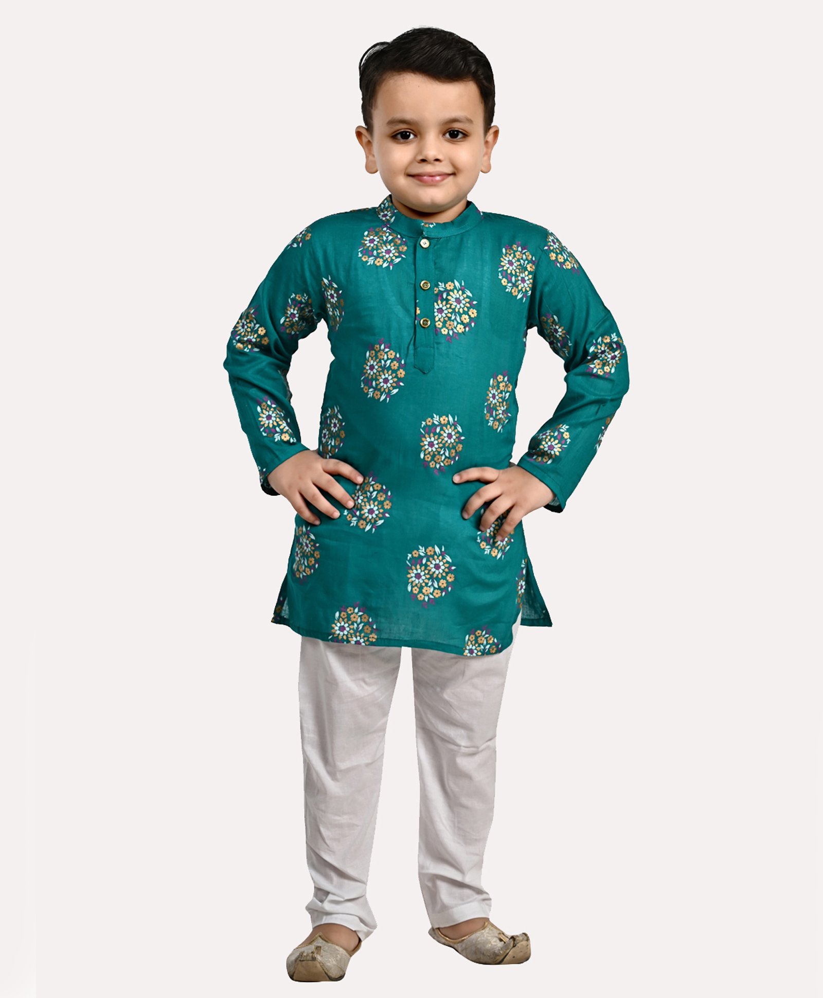 Superminis Full Sleeves Floral Printed Kurta Pyjama Set - Green-picture-45