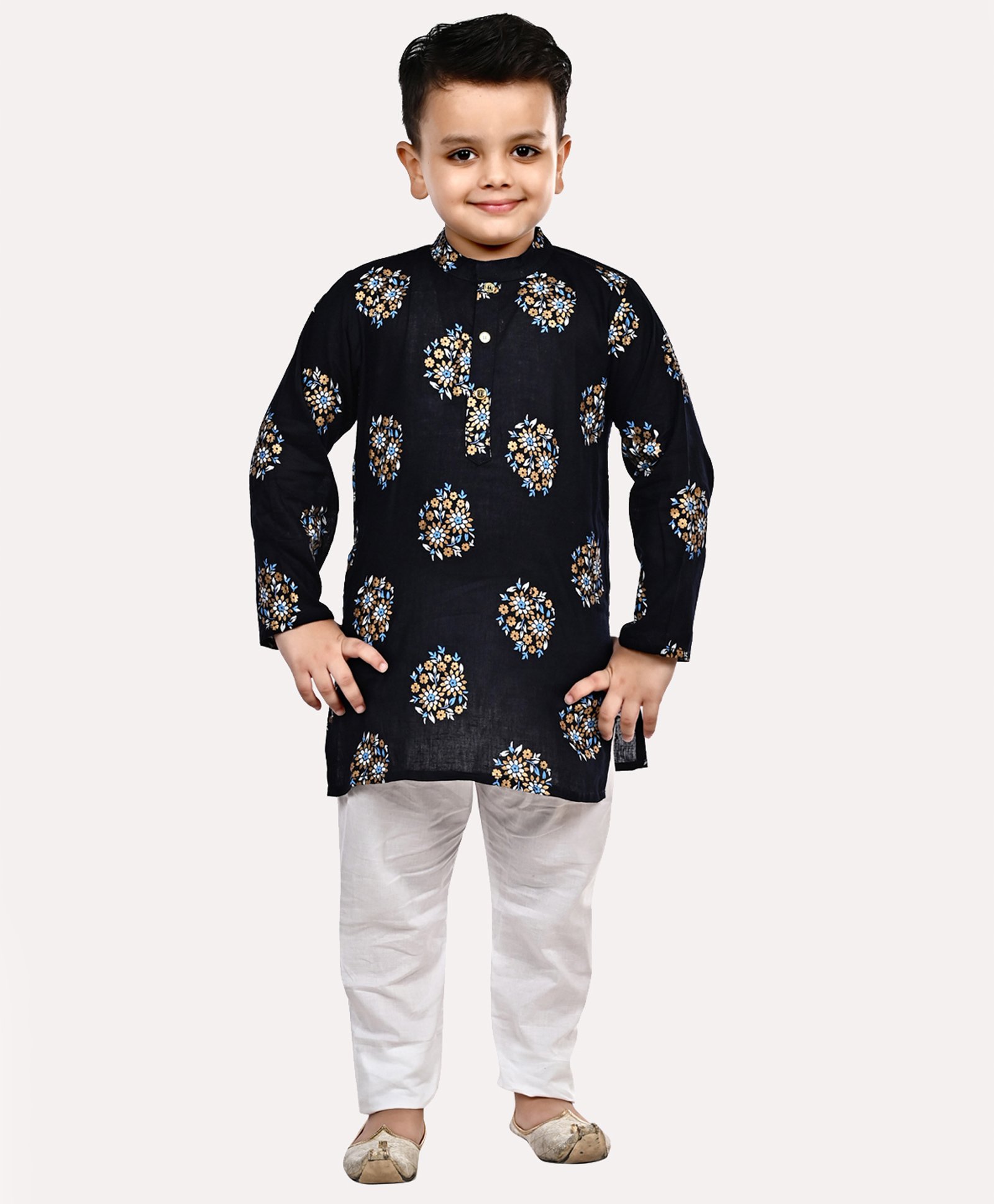 Superminis Full Sleeves Motif Floral Printed Kurta Pajama Set - Navy Blue-image-18