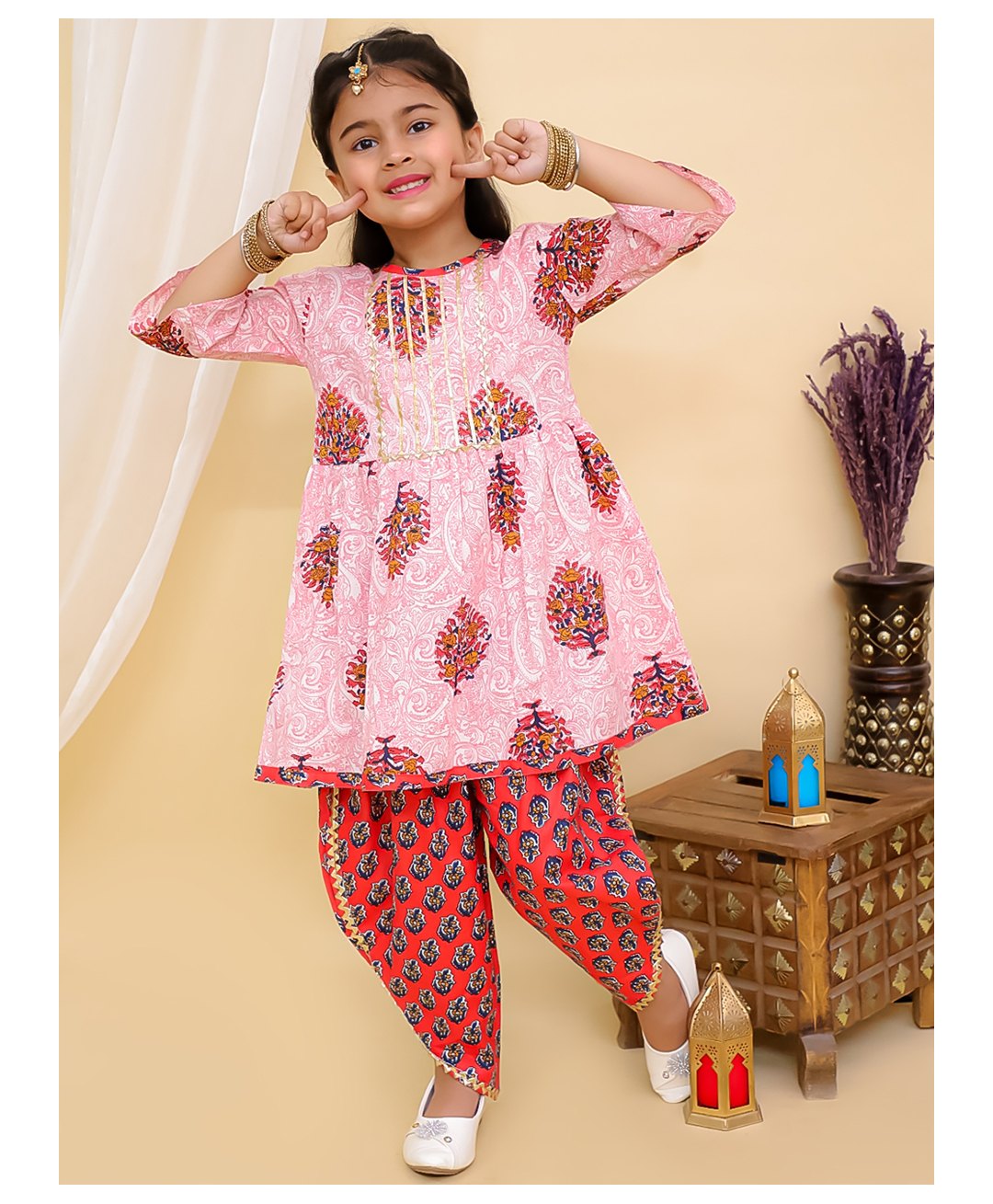 superminis three fourth bell sleeves vintage floral motif printed kurta with coordinating gota lace embellished overlapped dhoti - magenta pink
