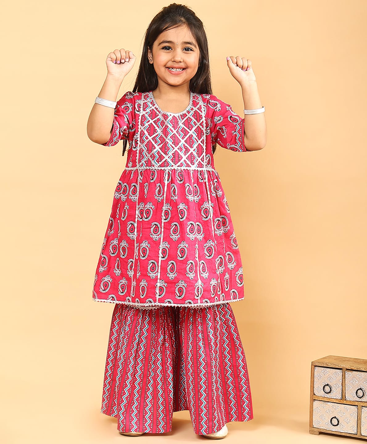 Superminis Three Fourth Sleeves Paisley Motif Kurti And Chevron Sharara Set -Pink-picture-12