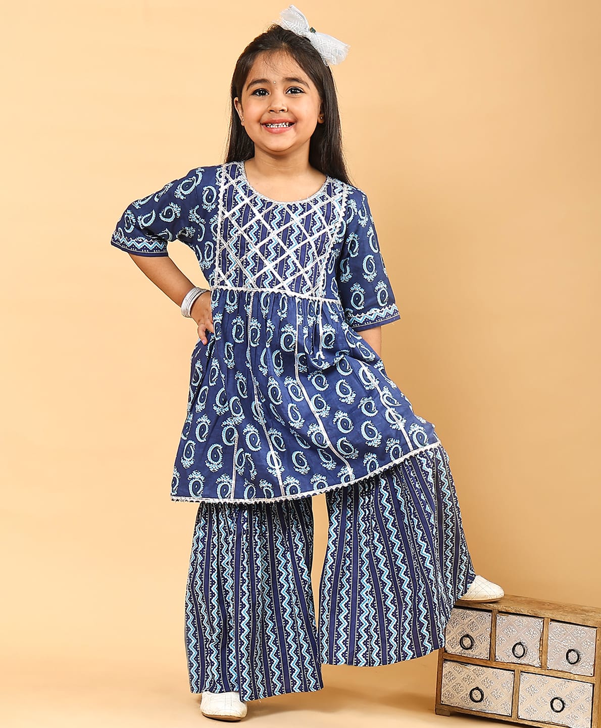 Superminis Three fourth Sleeves Floral Print  Kurti Sharara Set - Blue-picture-11