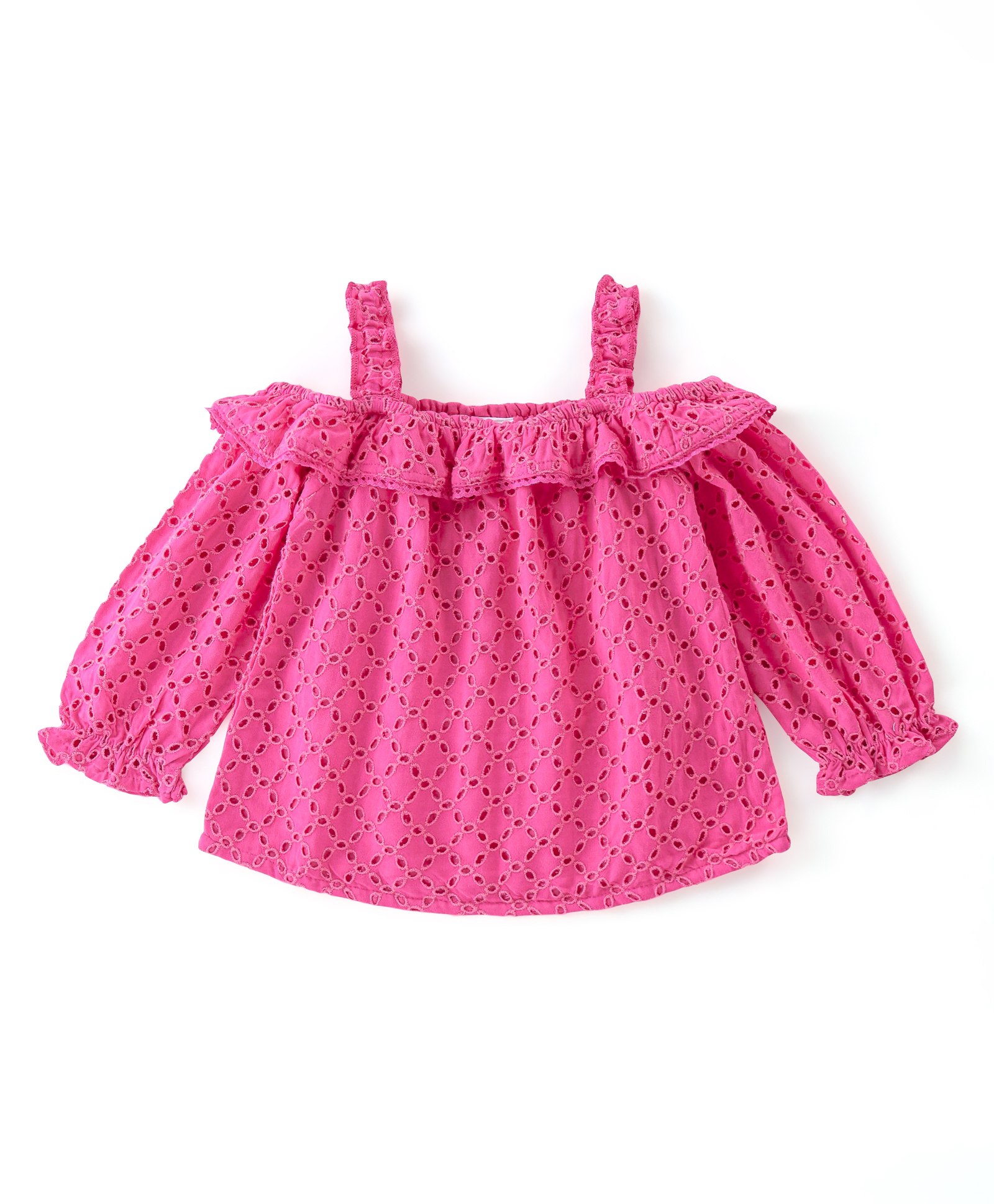 Babyhug 100% Cotton Schiffli Threefourth Sleeves Off-Shoulder Top With Frill & Pom-Pom Lace Detailing - Pink-image-44