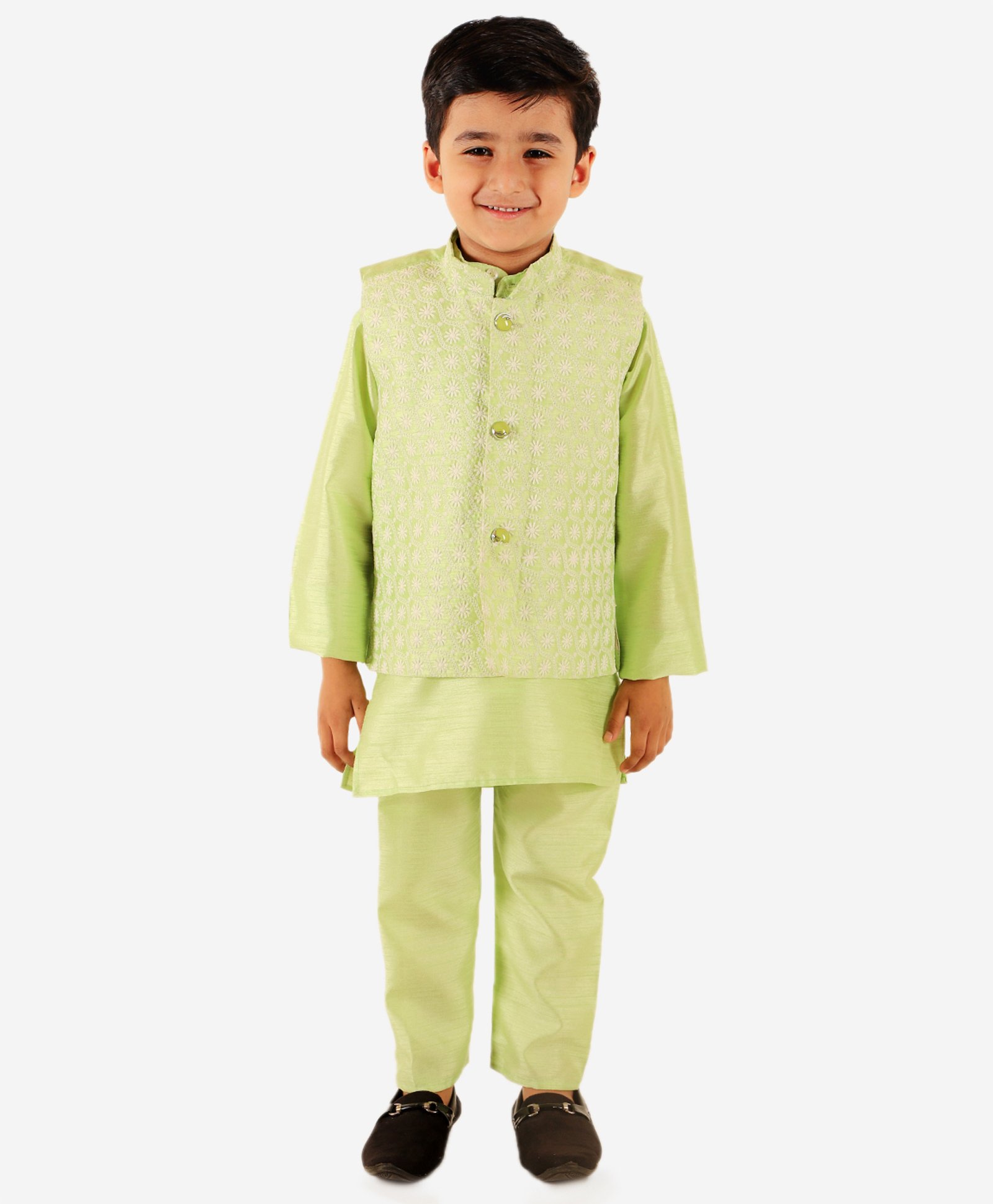 Superminis Full Sleeves Solid Kurta Pajama With Floral Embroidered Chikankari Nehru Jacket Set - Green-picture-32