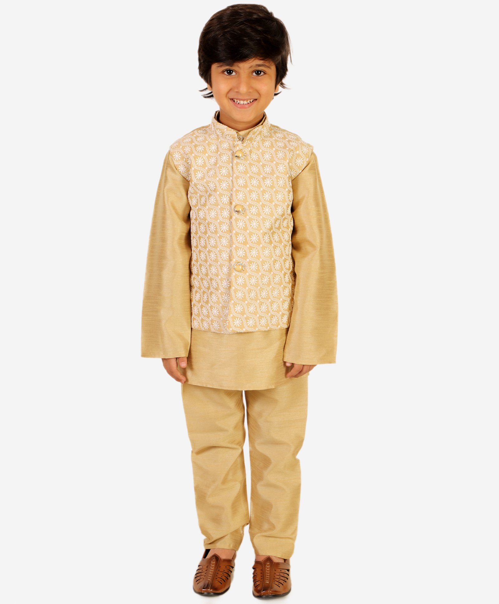 Superminis Full Sleeves Solid Kurta Pajama With Floral Embroidered Chikankari Nehru Jacket Set - Beige-picture-30