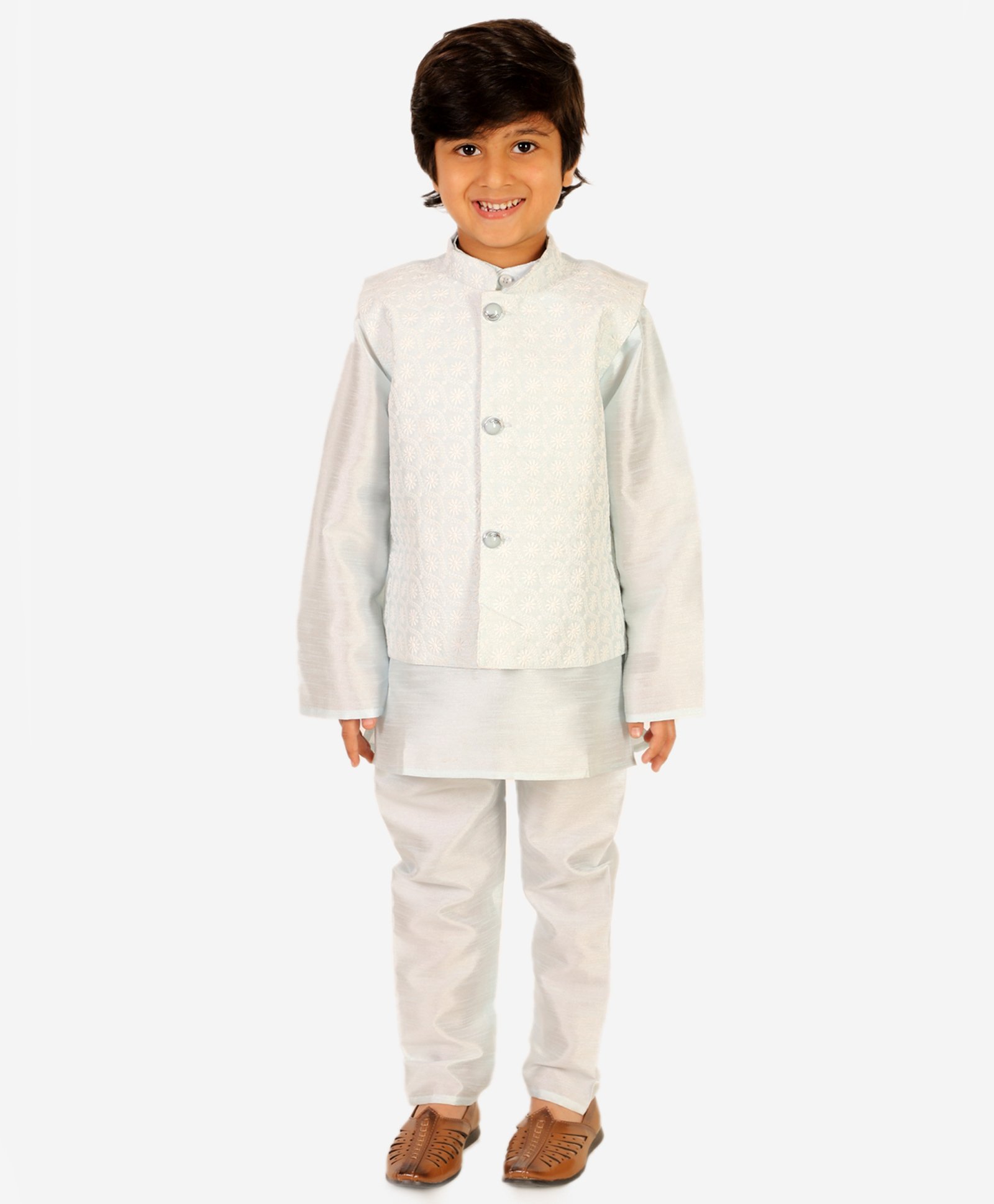 Superminis Full Sleeves Solid Kurta Pajama With Floral Embroidered Chikankari Nehru Jacket Set - Sky Blue-picture-37
