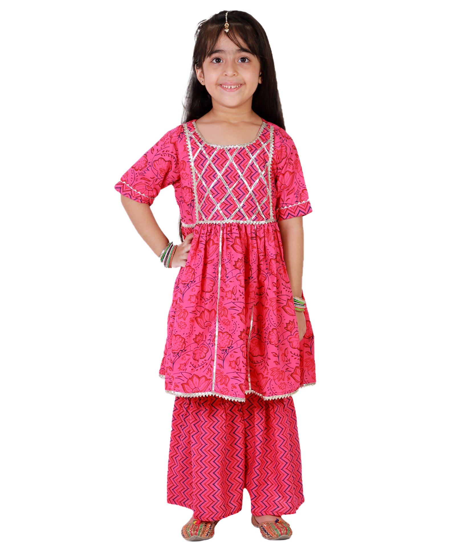 Superminis Half Sleeves Floral Print Kurti Sharara Set - Pink-image-14