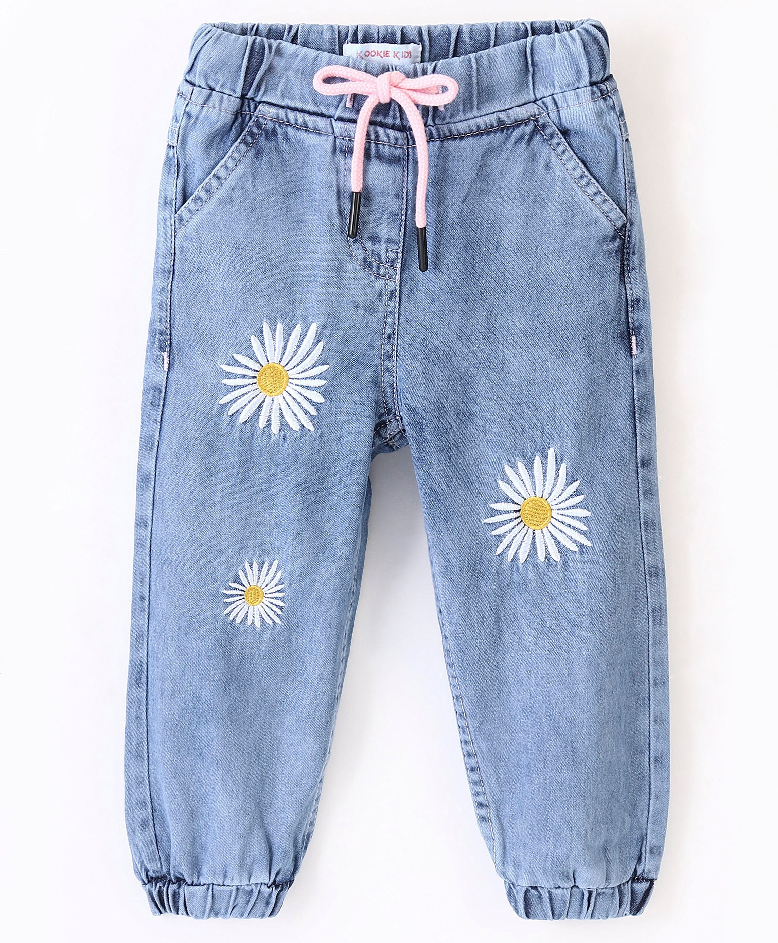 Kookie Kids Full Length Denim Jeans with Floral  Embroidery Detailing - Blue-image-32