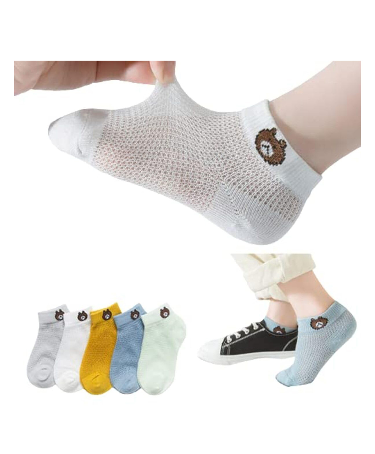 MOMISY Regular Length Anti Skid Socks Bear Design Pack of 5 - Multicolor-image-14