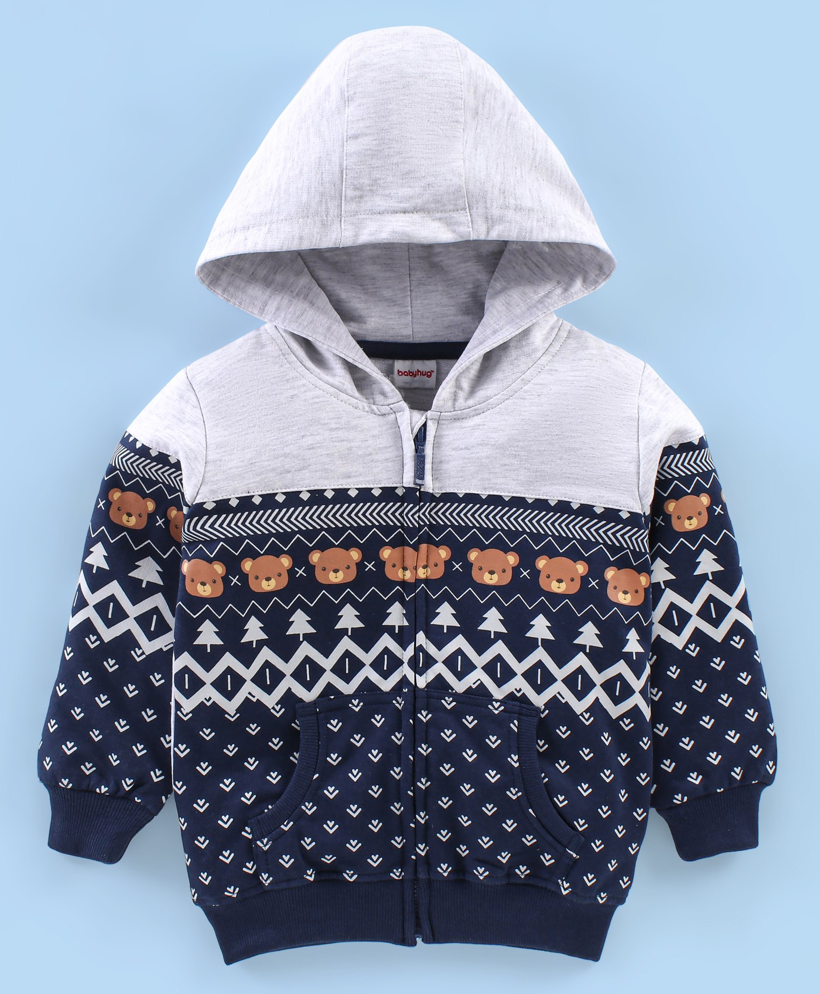 Babyhug Cotton Knit Full Sleeves Bear Printed Sweatjacket with Zipper & Hood - Grey-image-10