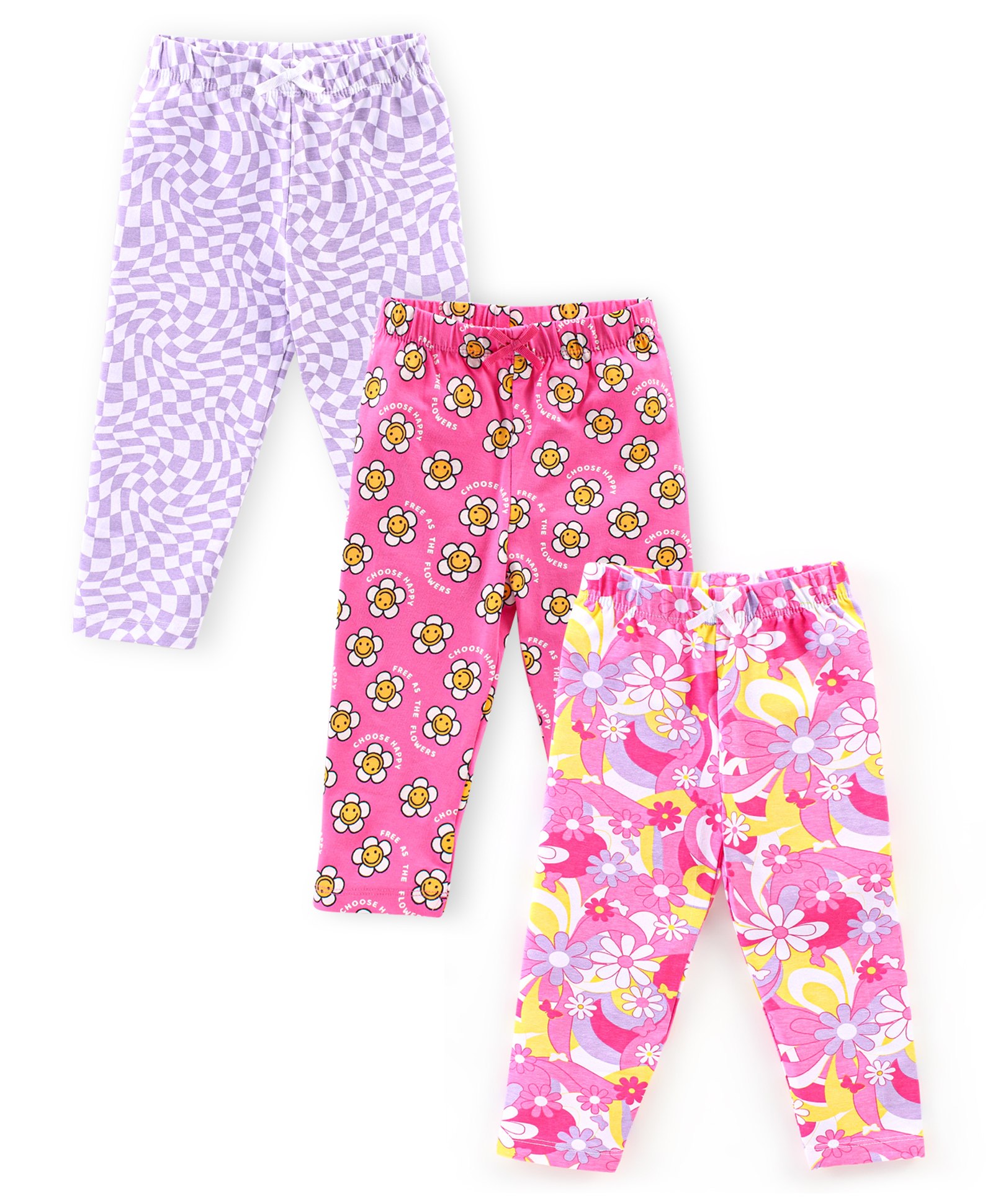 Babyhug Cotton Lycra Knit Full Length Stretchable Leggings Checks & Floral Print Pack of 3 - Pink & Purple-picture-32