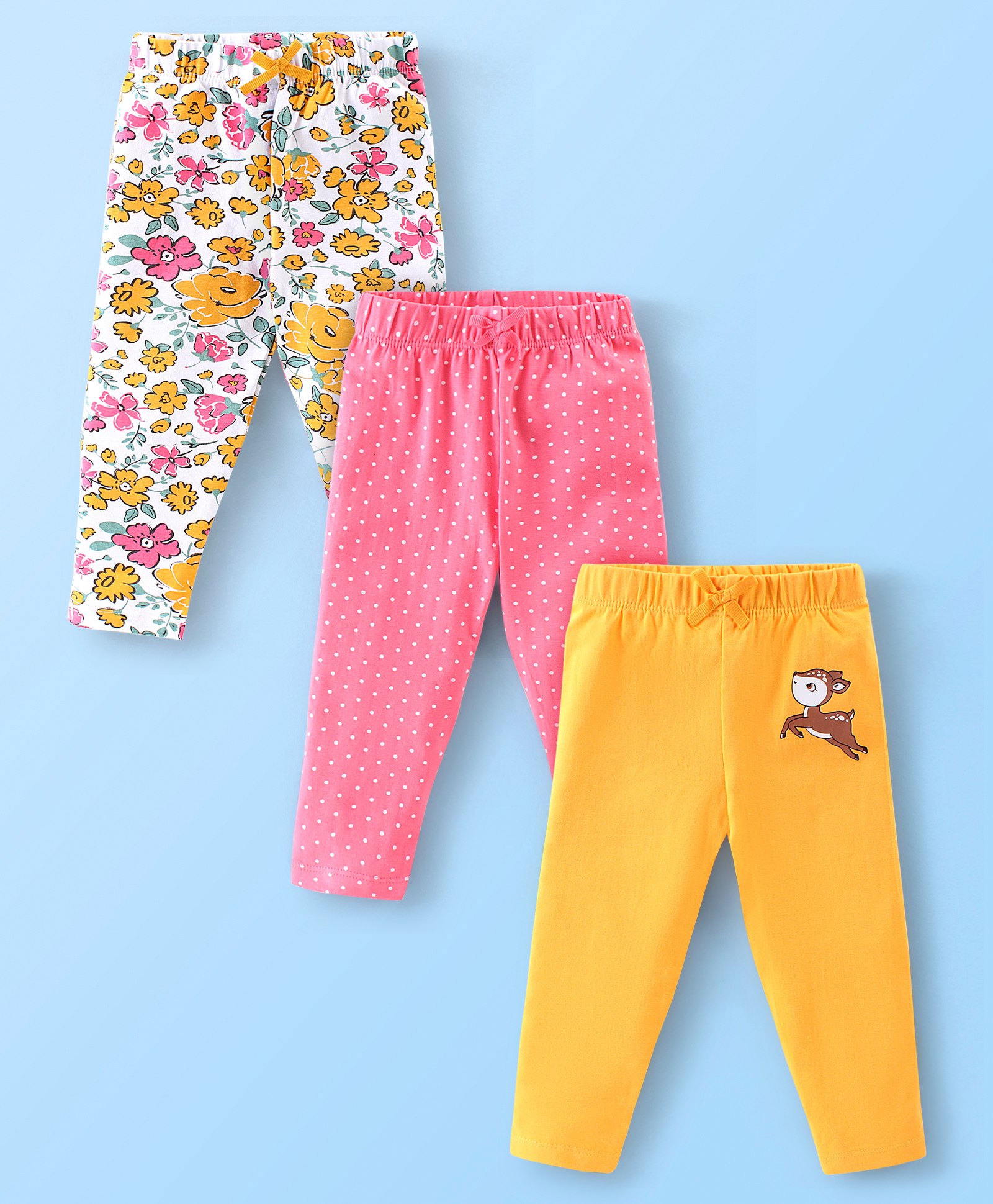 Babyhug Cotton Lycra Full Length Stretchable Leggings Floral & Deer Print Pack of 3- Yellow Pink & White-image-21