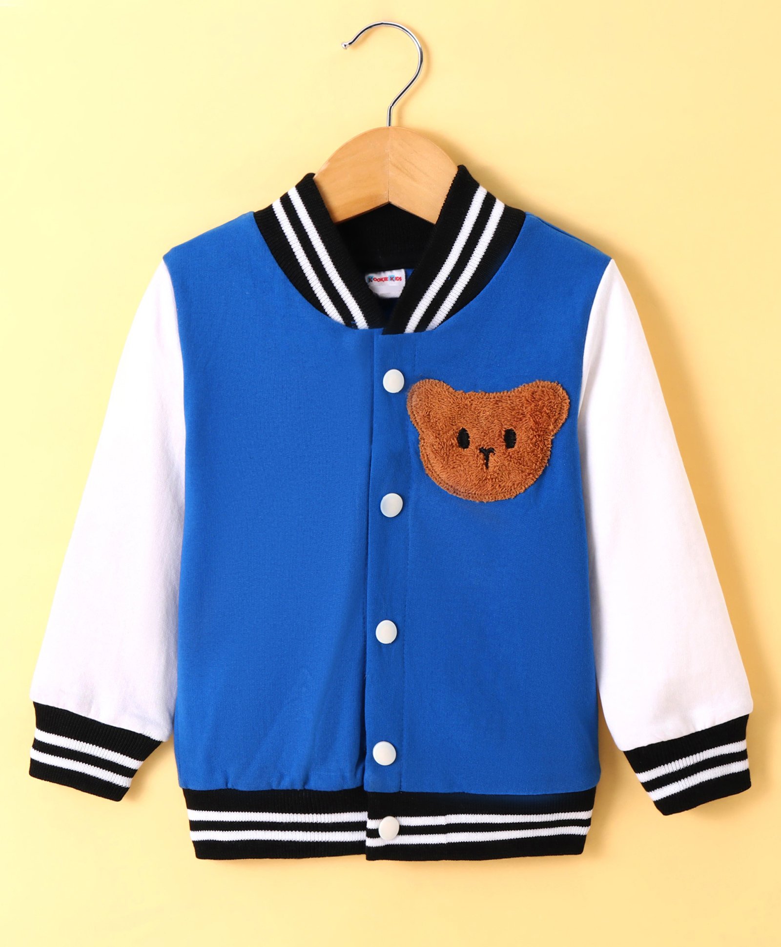 Kookie Kids Knit Full Sleeves  Bomber Jacket with 3D Bear Applique - Royal Blue-image-5