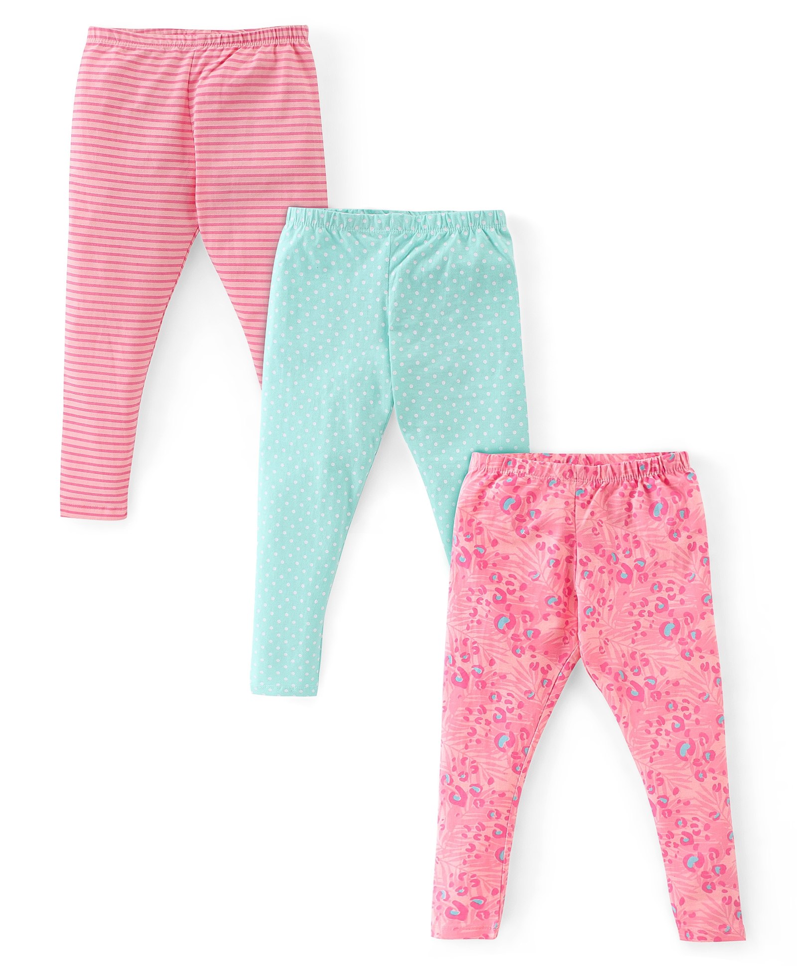 Babyhug Cotton Lycra Full Length Leggings Stripes & Dot Print Pack of 3- Pink & Blue-image-27