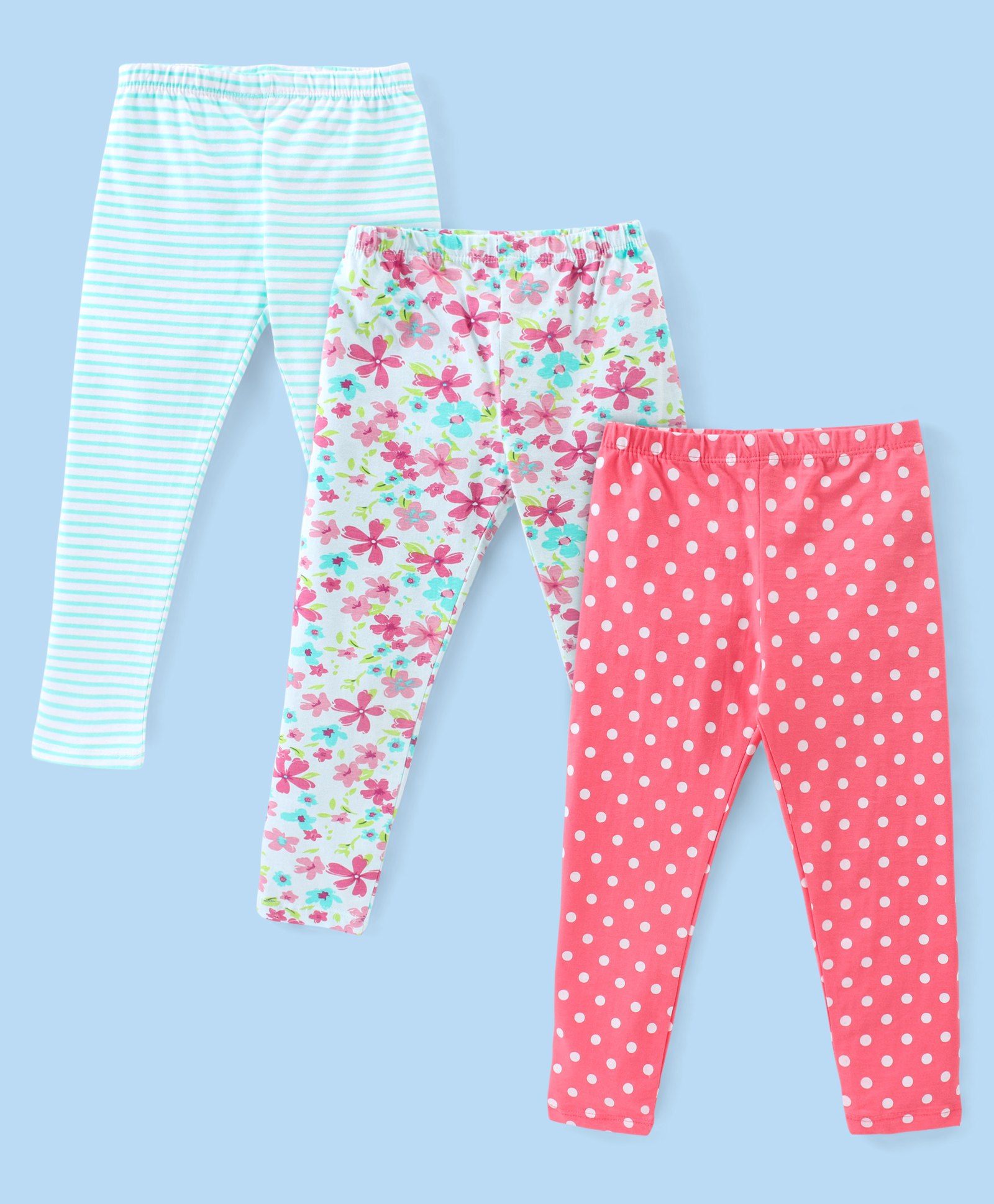 Babyhug Cotton Lycra Full Length Polka Dots & Floral Printed Leggings Pack of 3 - Multicolour-picture-33