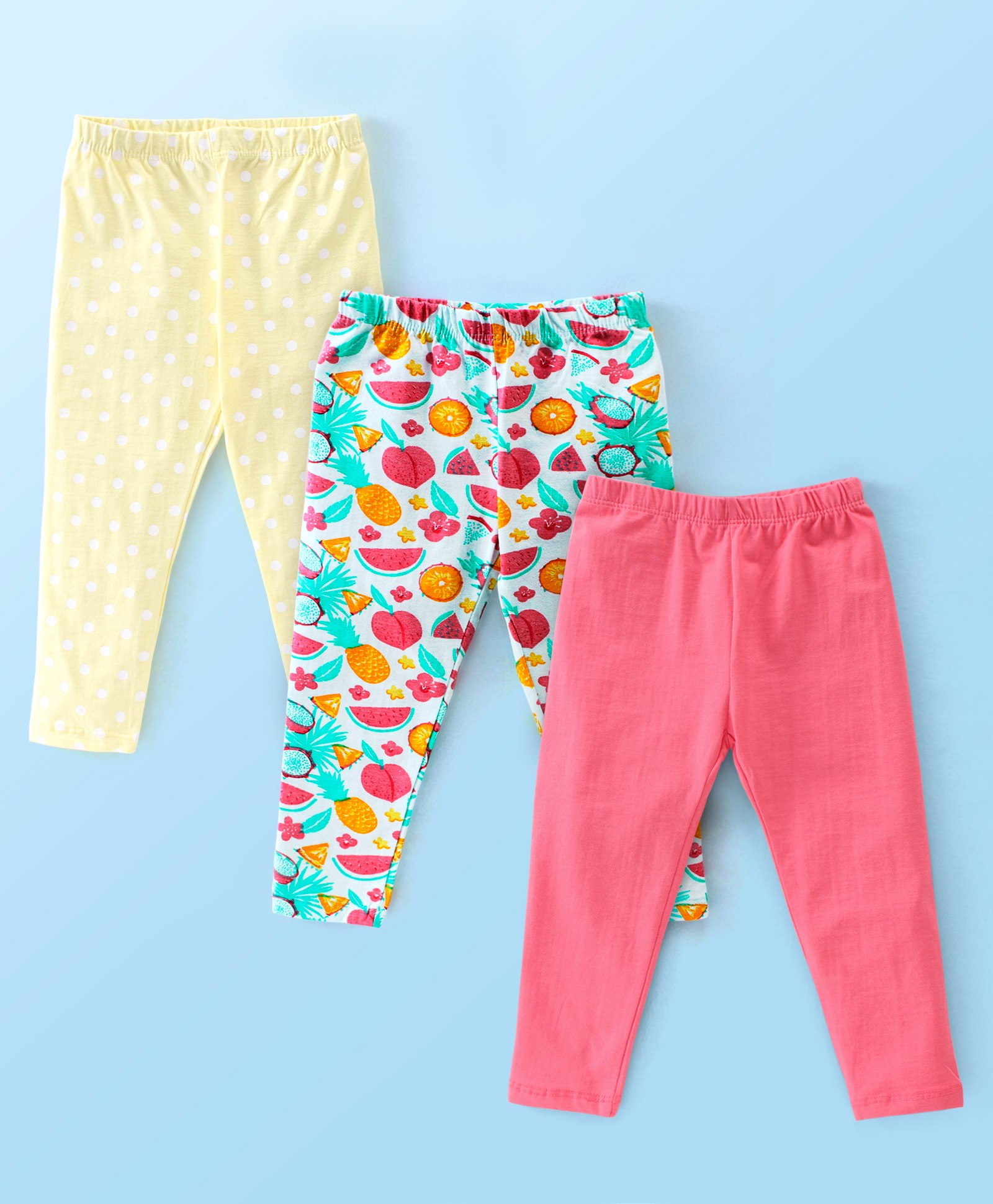 Babyhug Cotton Lycra Full Length Leggings Fruits & Polka Dots Printed Pack of 3 - Yellow Blue & Pink-image-16
