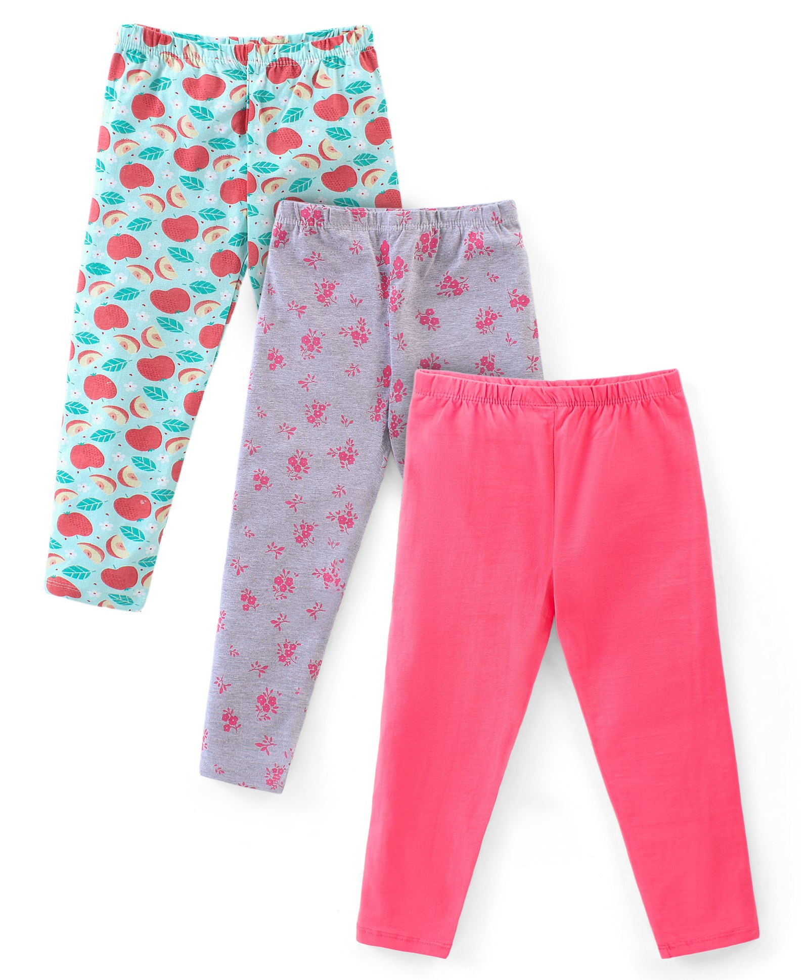 Babyhug Cotton Lycra Full Length Solid & Floral Printed Leggings Pack of 3 - Multicolour-image-18