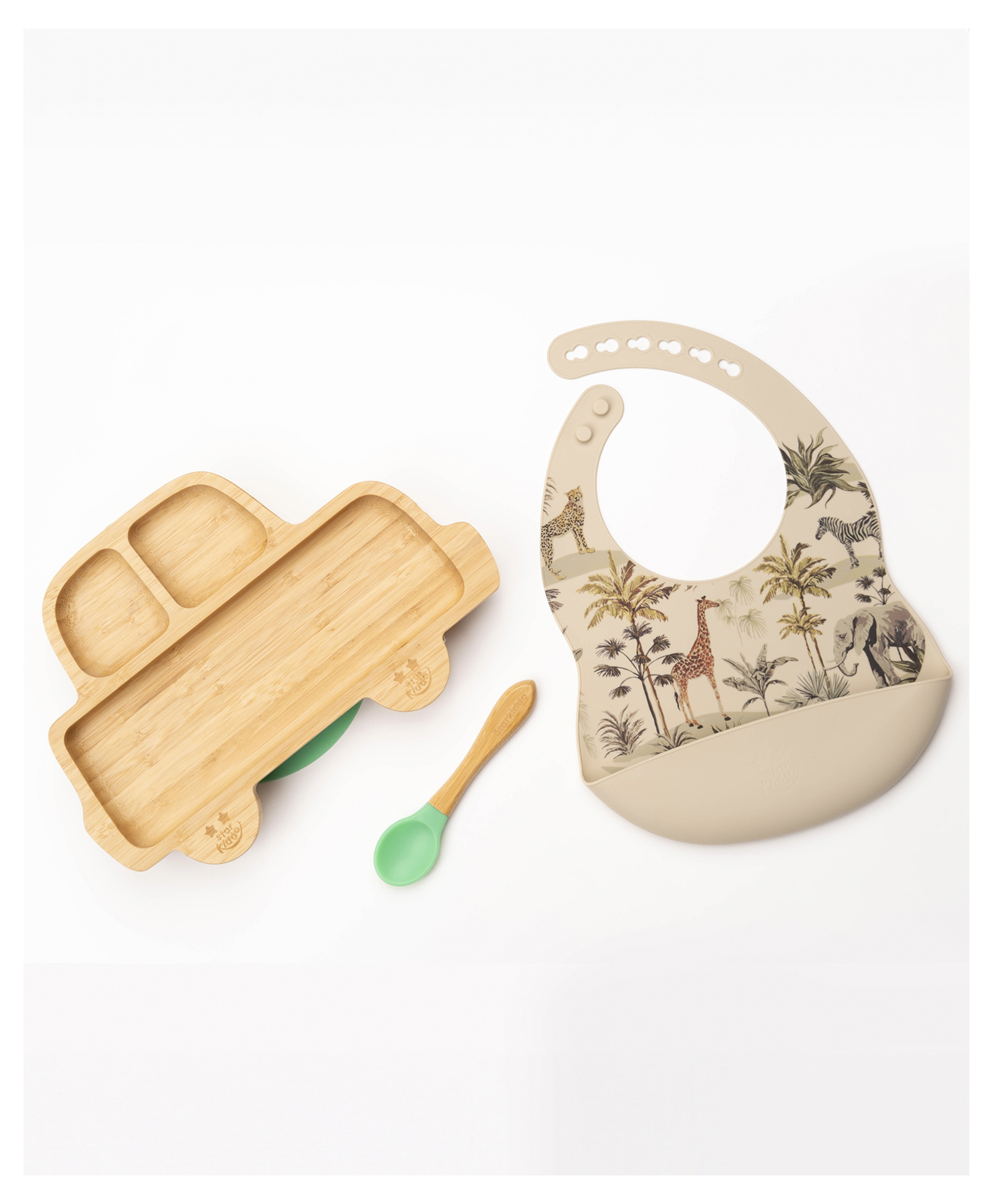 Starkiddo Rider Bamboo Suction Plates  with Adjustable Printed Bib and Weaning Spoon and Fork - Green Beige-image-14