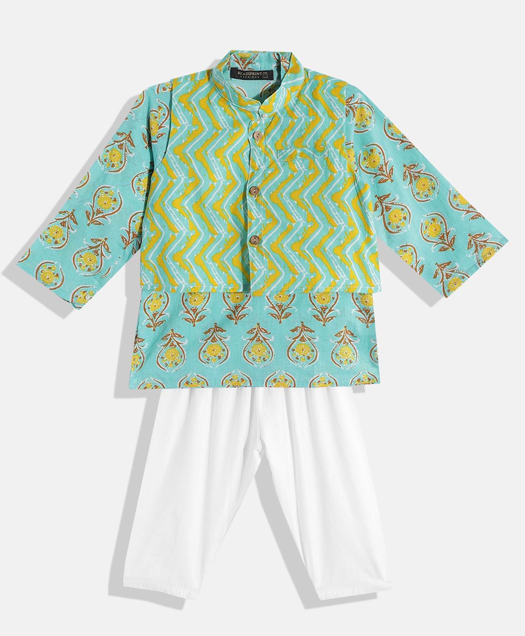 READIPRINT Jaipuri Floral Motif Printed Kurta And White Pyjama With Chevron Design Printed Jacket -Green-picture-15