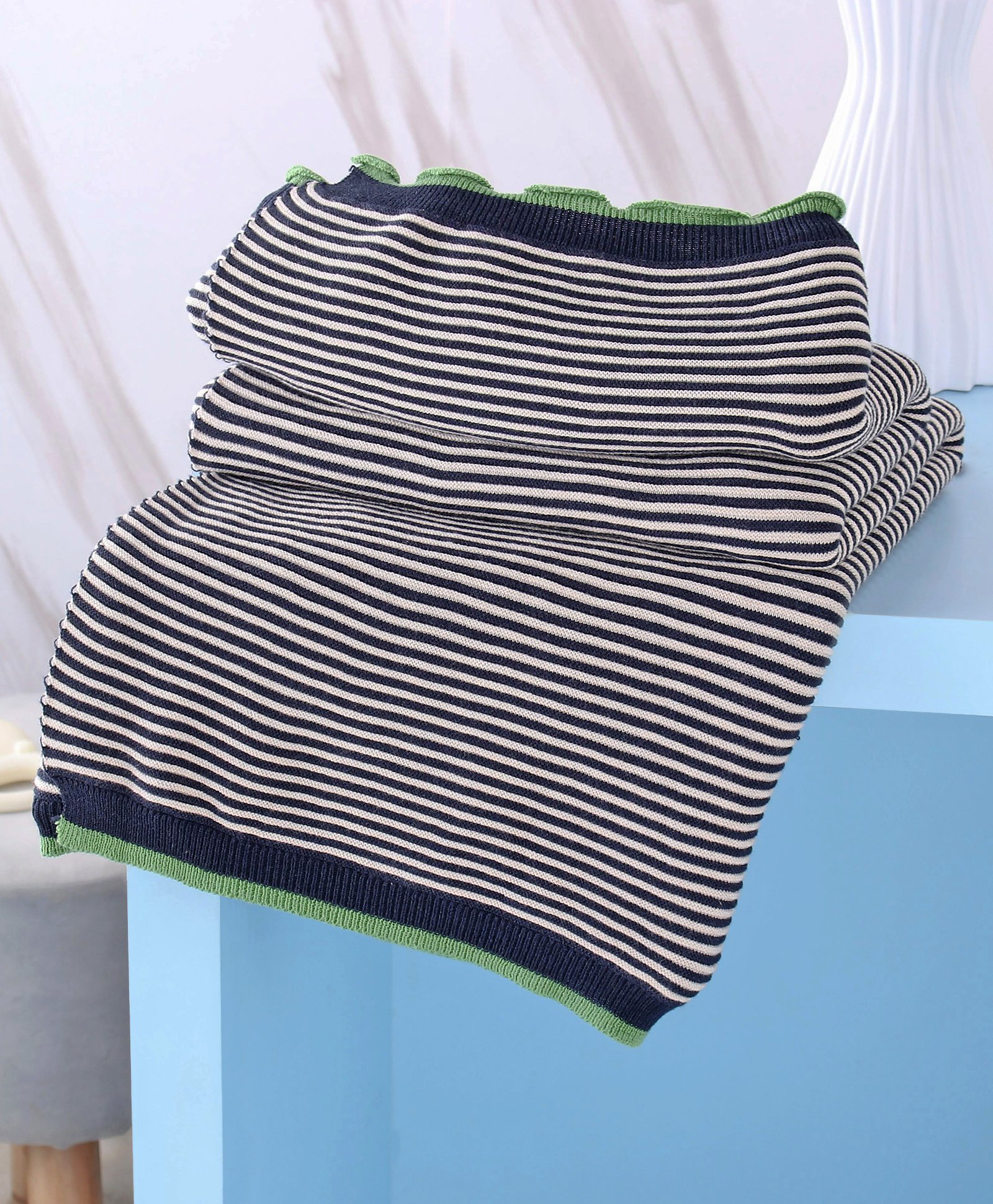 yellow apple all season striped cotton blanket - navy blue