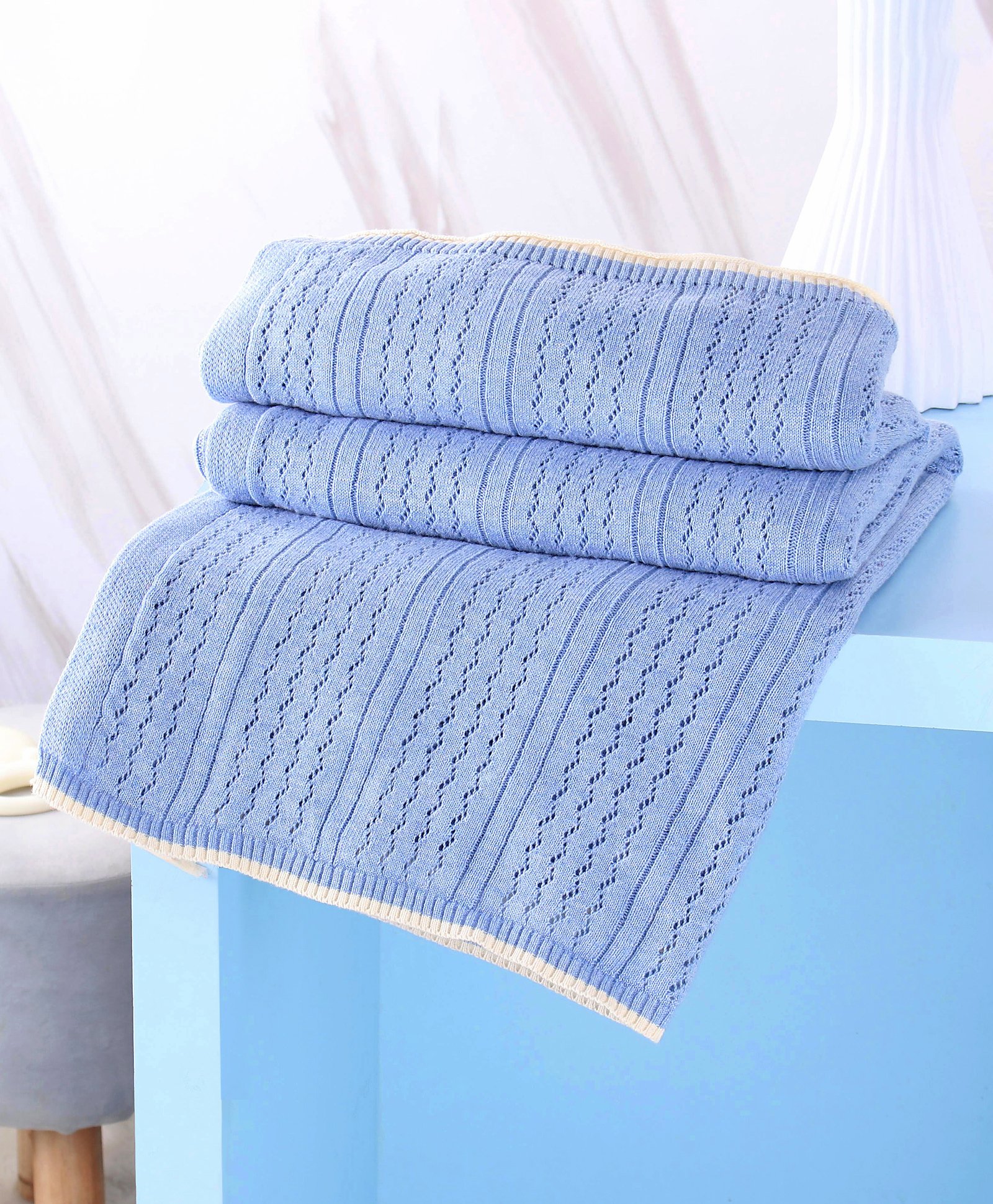 yellow apple all season striped cotton blanket - sky blue