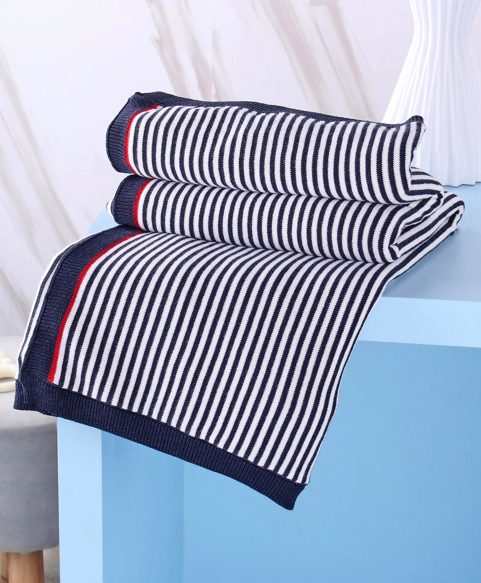 yellow apple striped all season 100% cotton blanket - navy blue