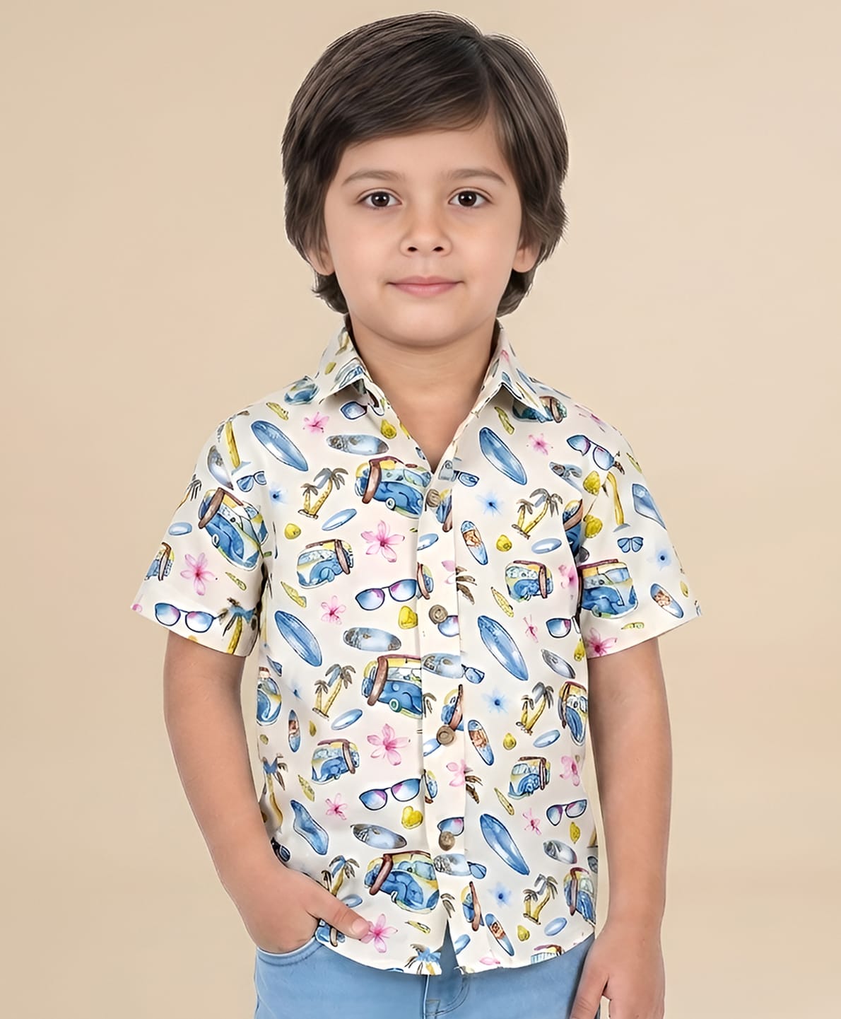 Polka Tots Half Sleeve Cotton Shirt Car Printed - Cream-picture-23