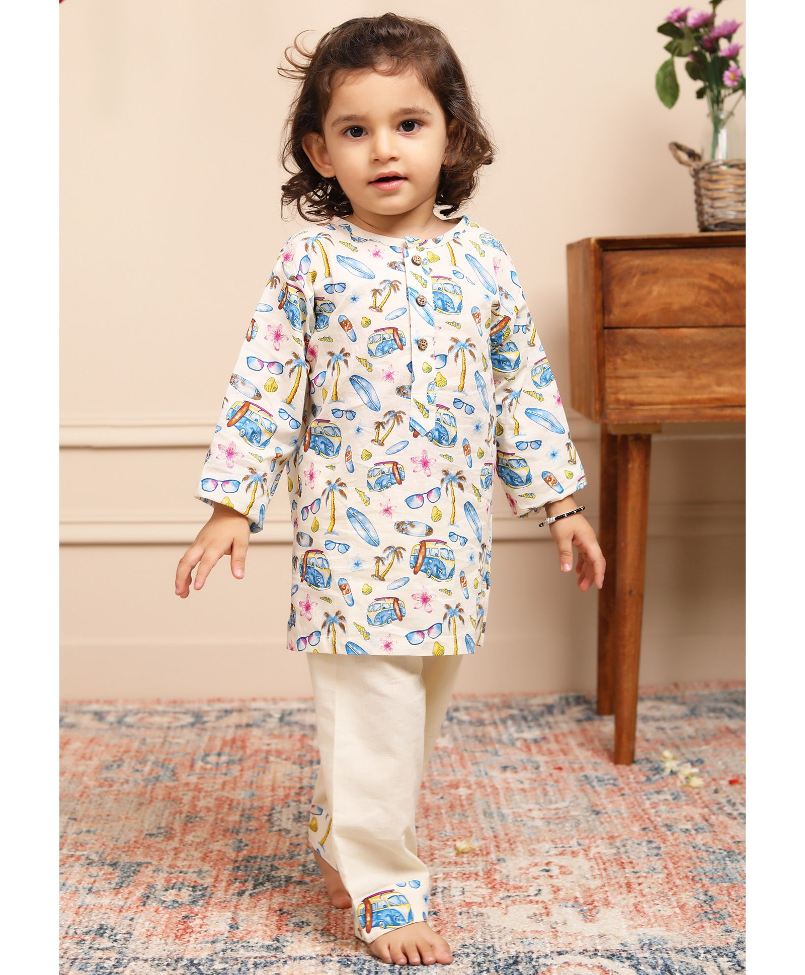 Polka Tots Full Sleeves Print Kurta Car Print With Pyjama Set - Cream-picture-16