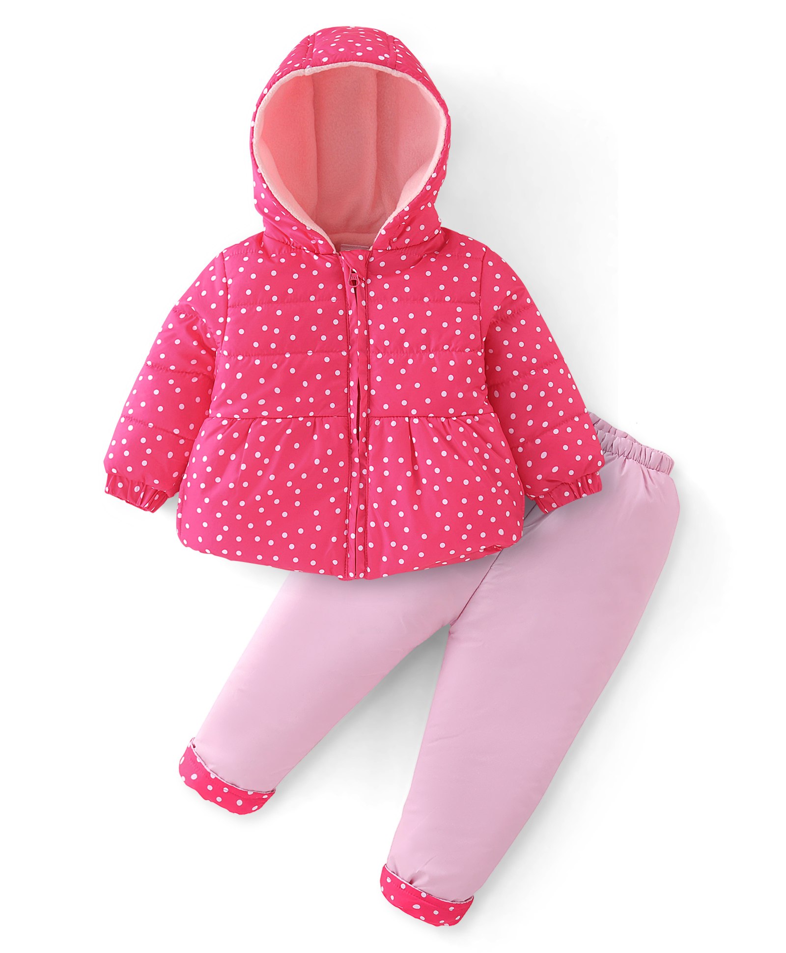 Babyhug Full Sleeves Winter Wear Hooded Padded Jacket & Lounge Pant Polka Dot Print - Pink-image-46