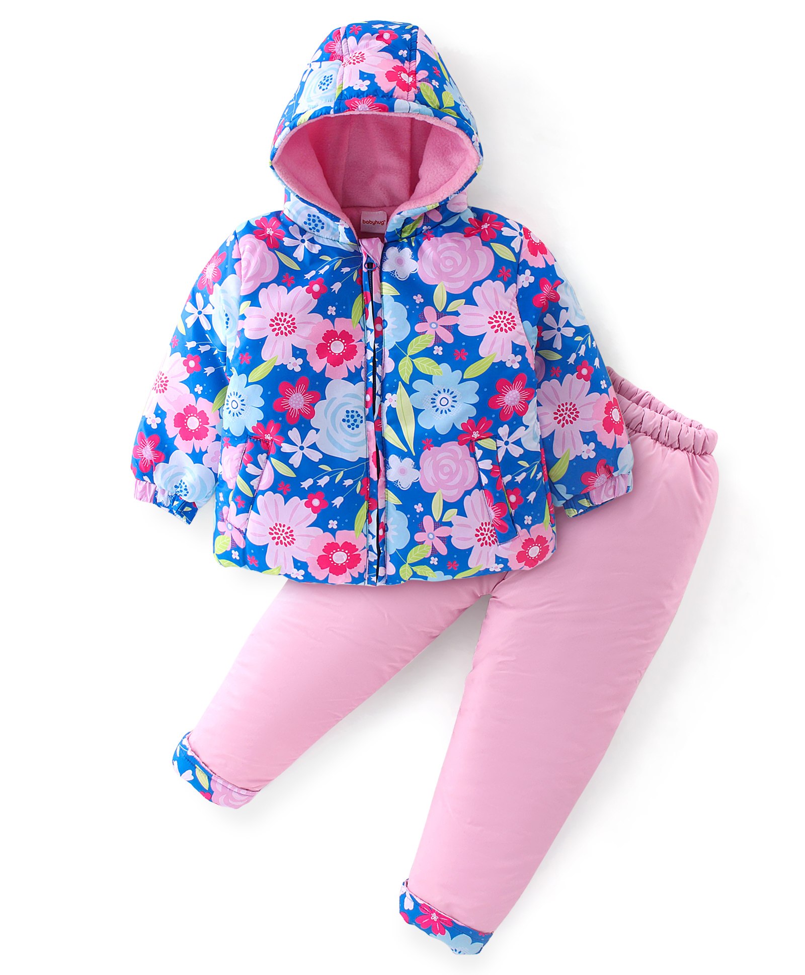Babyhug Full Sleeves Winter Wear Suit Set Floral Print - Blue & Pink-image-8