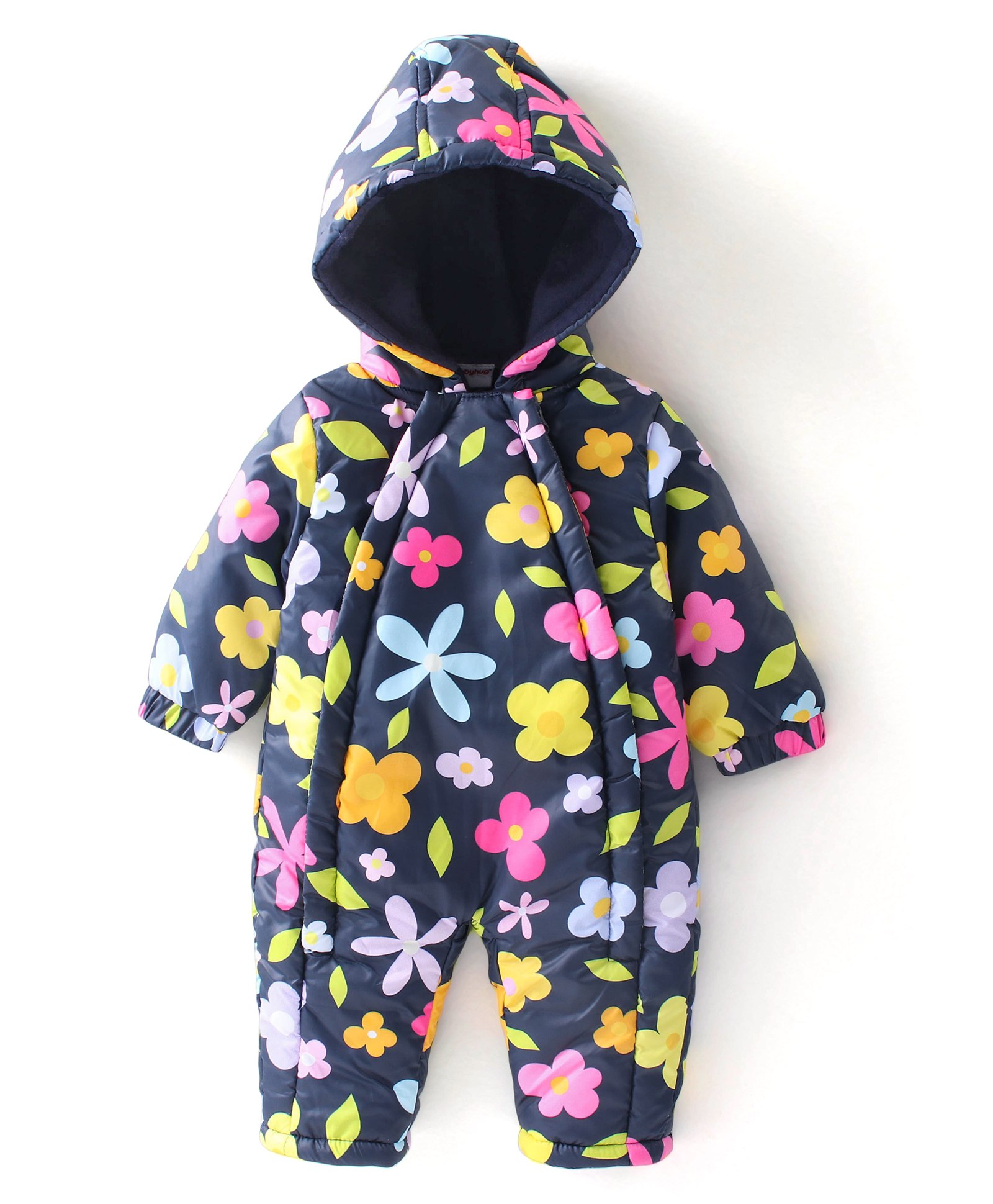 Babyhug Woven Full Sleeves Winter Wear Hooded Romper with Floral Print - Navy Blue-image-41