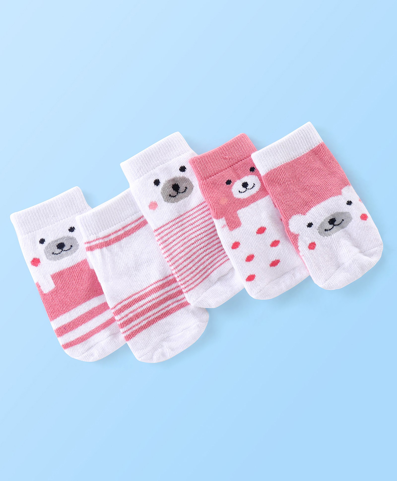 Cute Walk by Babyhug Anti Bacterial Ankle Length Teddy Design Socks Pack of 5 - Pink & White-picture-12