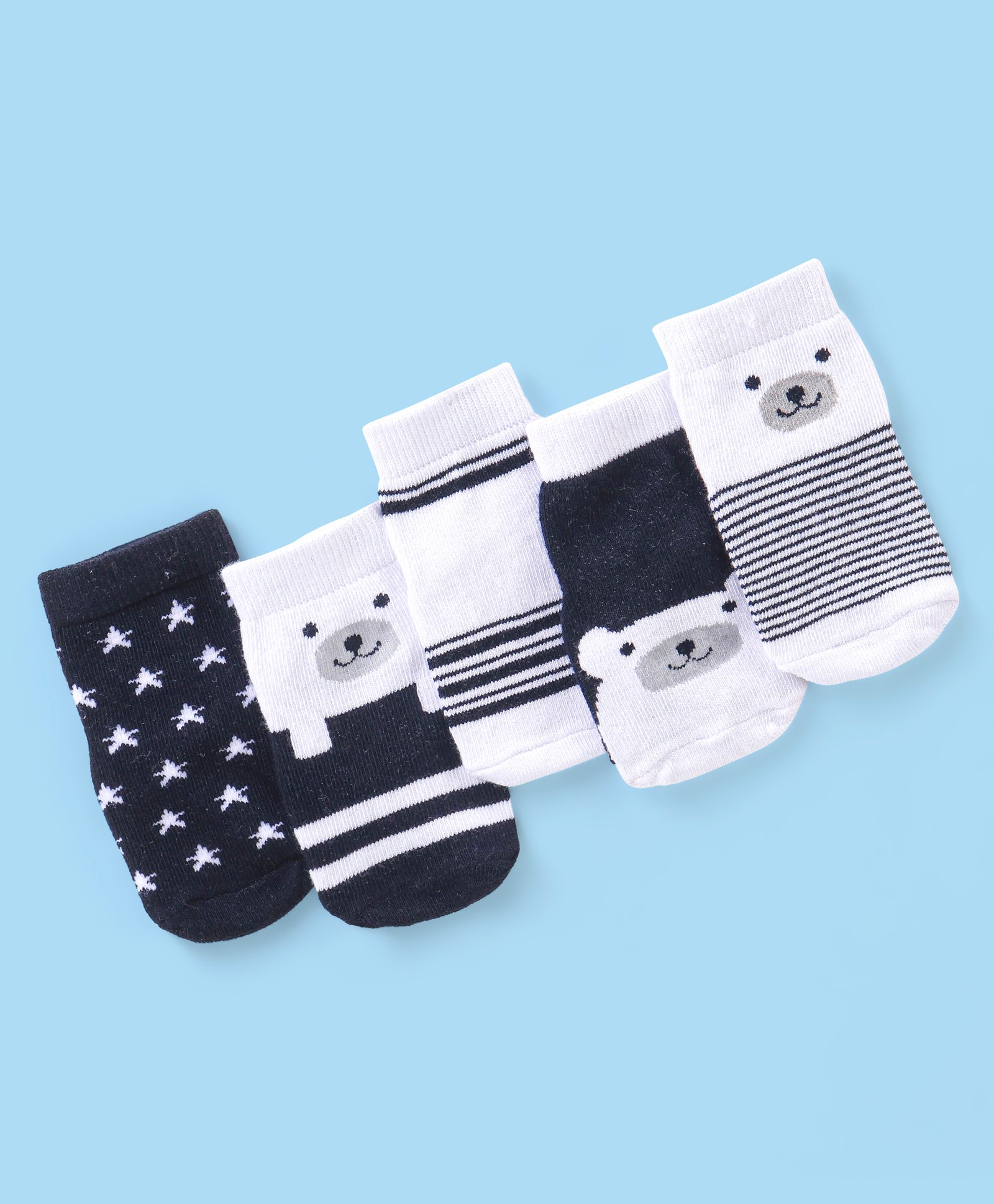 Cutewalk By Babyhug Anti Bacterial Ankle Length Socks Pack Of 5 Bear Print - Black & White-image-10