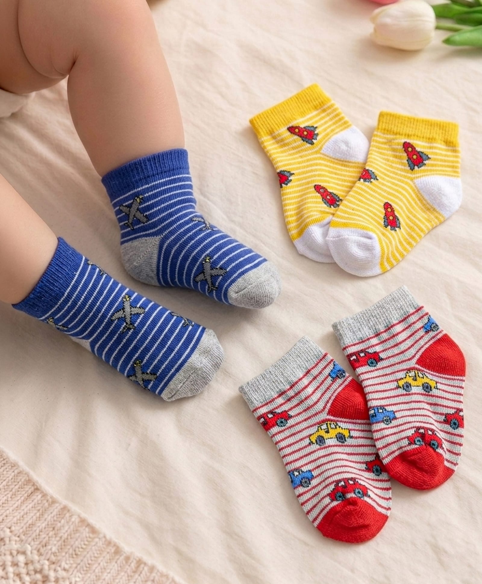 Cute Walk By Babyhug Cotton Anti Bacterial Ankle Length Socks Car & Rocket Design Pack Of 3- Lavender Pink & Blue-image-22