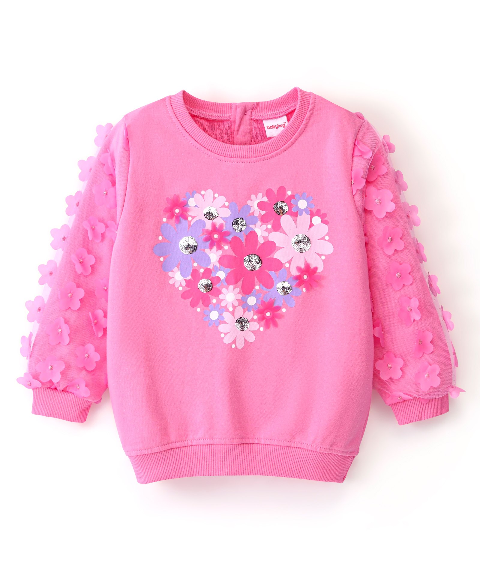 Babyhug Cotton Full Sleeves Sweatshirt with Graphics Sequins & Petal Embroidery with Mesh Sleeves Detailing - Pink-image-30